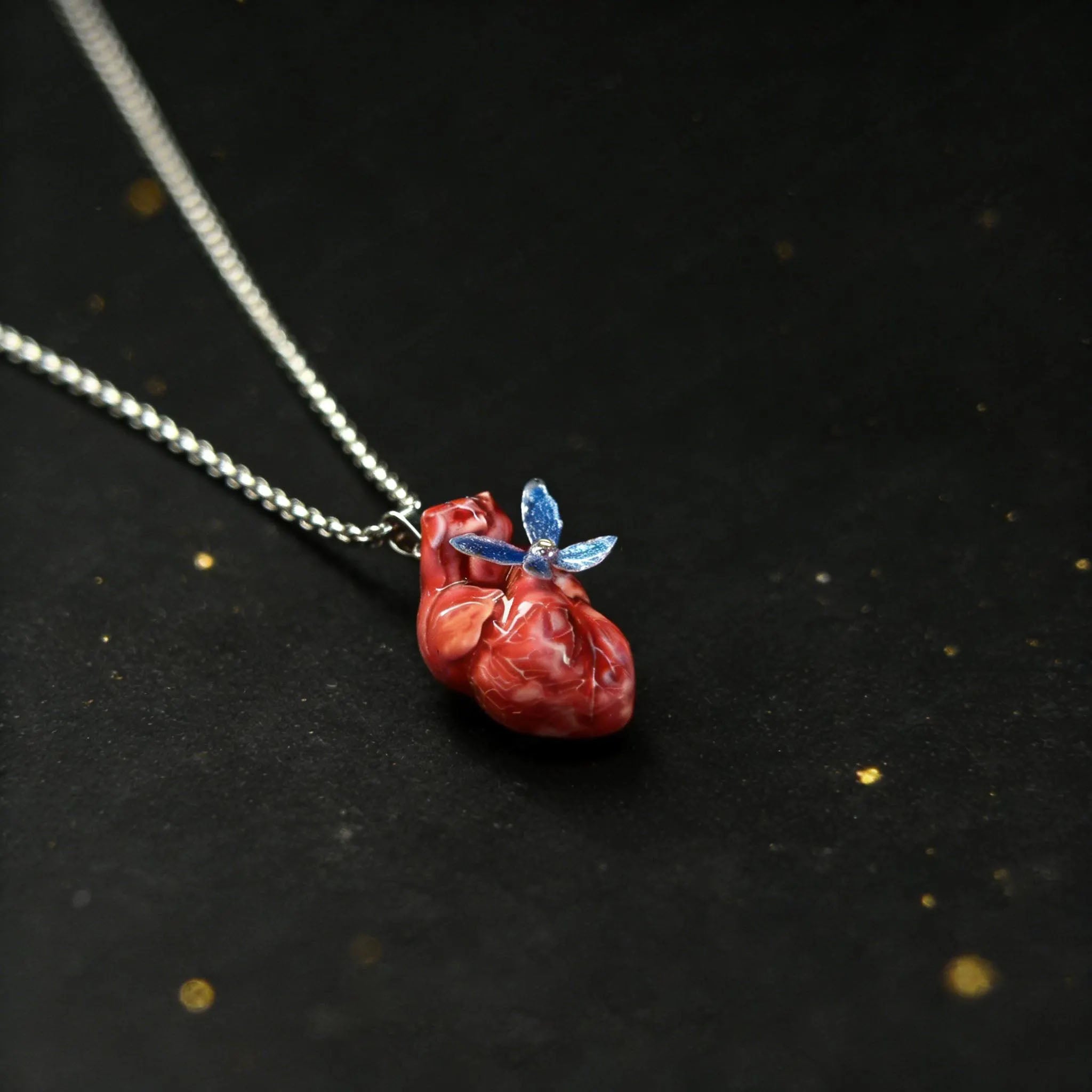 "Fluttering Heart" Anatomical Pendant - Shimmering Blue Butterfly Detail