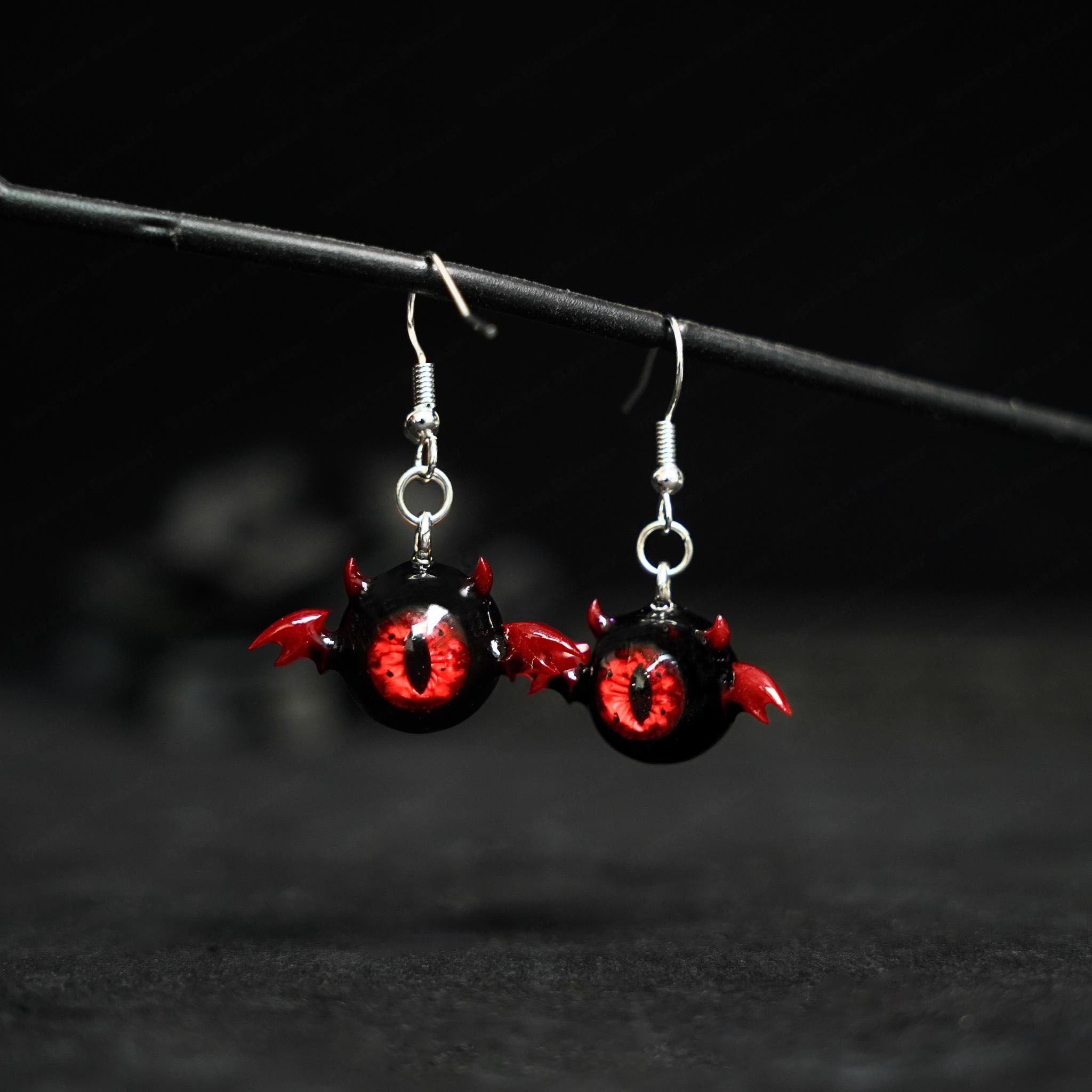 Pair of Little Devil Winged Eyeball Earrings | Handmade Cthulhu Series | Spooky-Cute Gothic Resin Jewelry