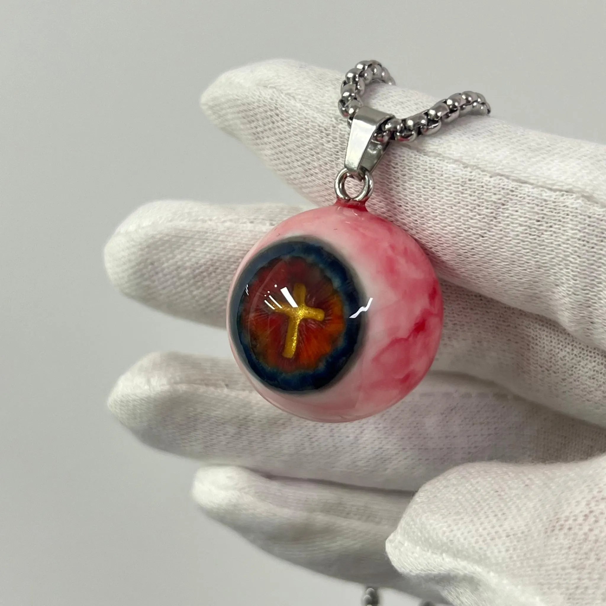 "Holy Fire" Golden Cross Eye Necklace - Thermal Blue & Red Iris