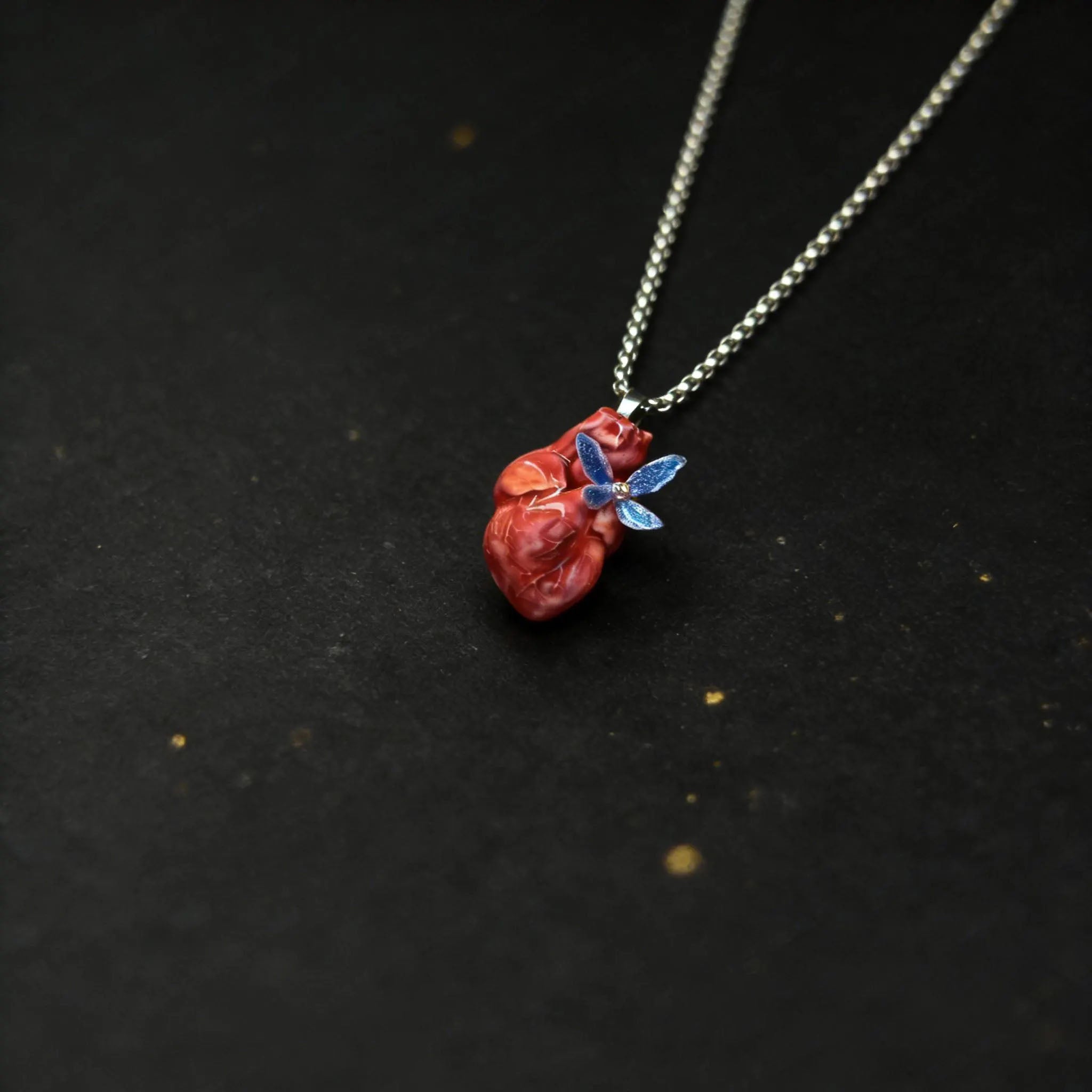 "Fluttering Heart" Anatomical Pendant - Shimmering Blue Butterfly Detail