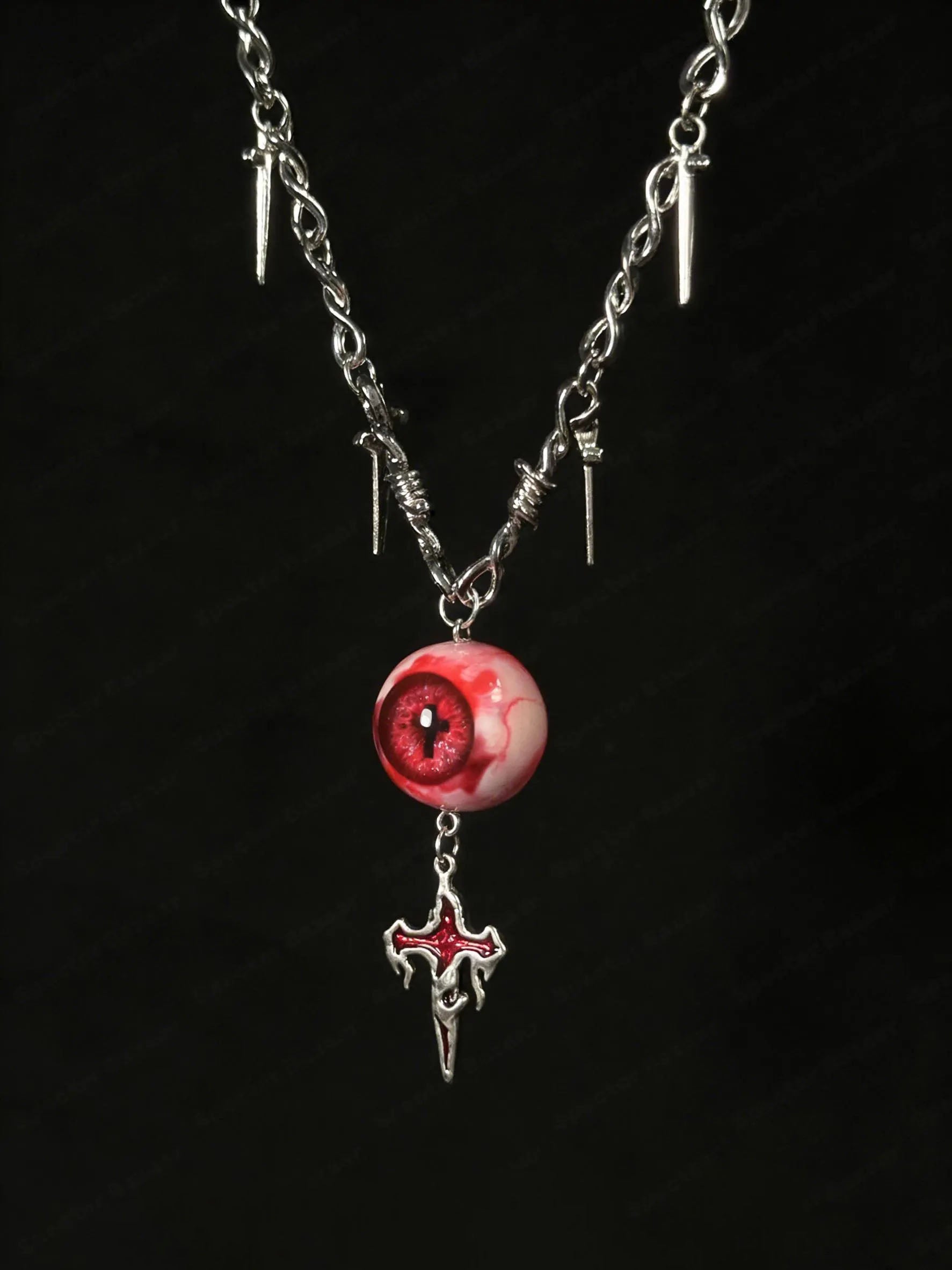 "Crown of Thorns" Red Eye Necklace - Barbed Chain & Gothic Cross