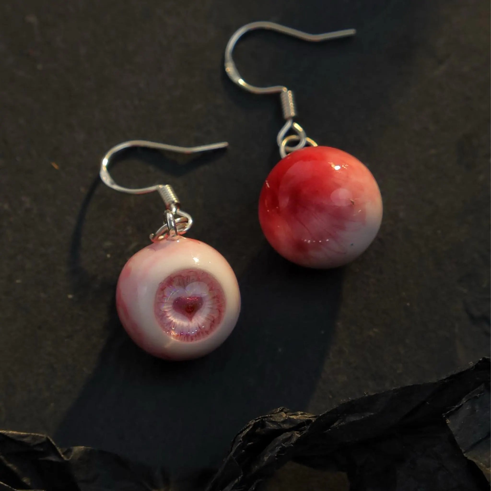 (Pair) Albino Pink Heart Pupil Eyeball Earrings | Yami Kawaii Lovecore | S925 Sterling Silver