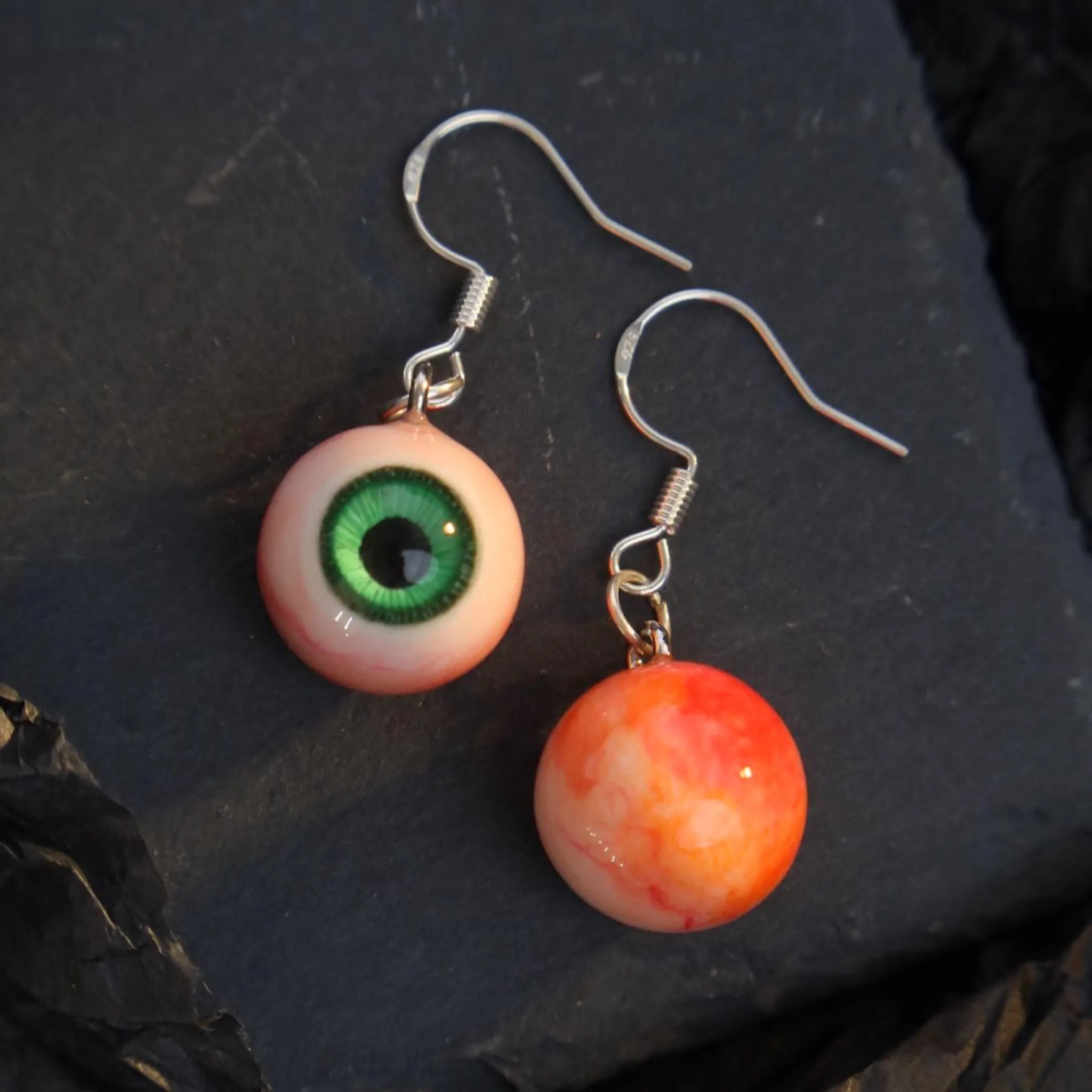 (Pair) Hyper-Realistic Bloodshot Yellow|Green Eyeball Earrings | Zombie Horror | S925 Sterling Silver