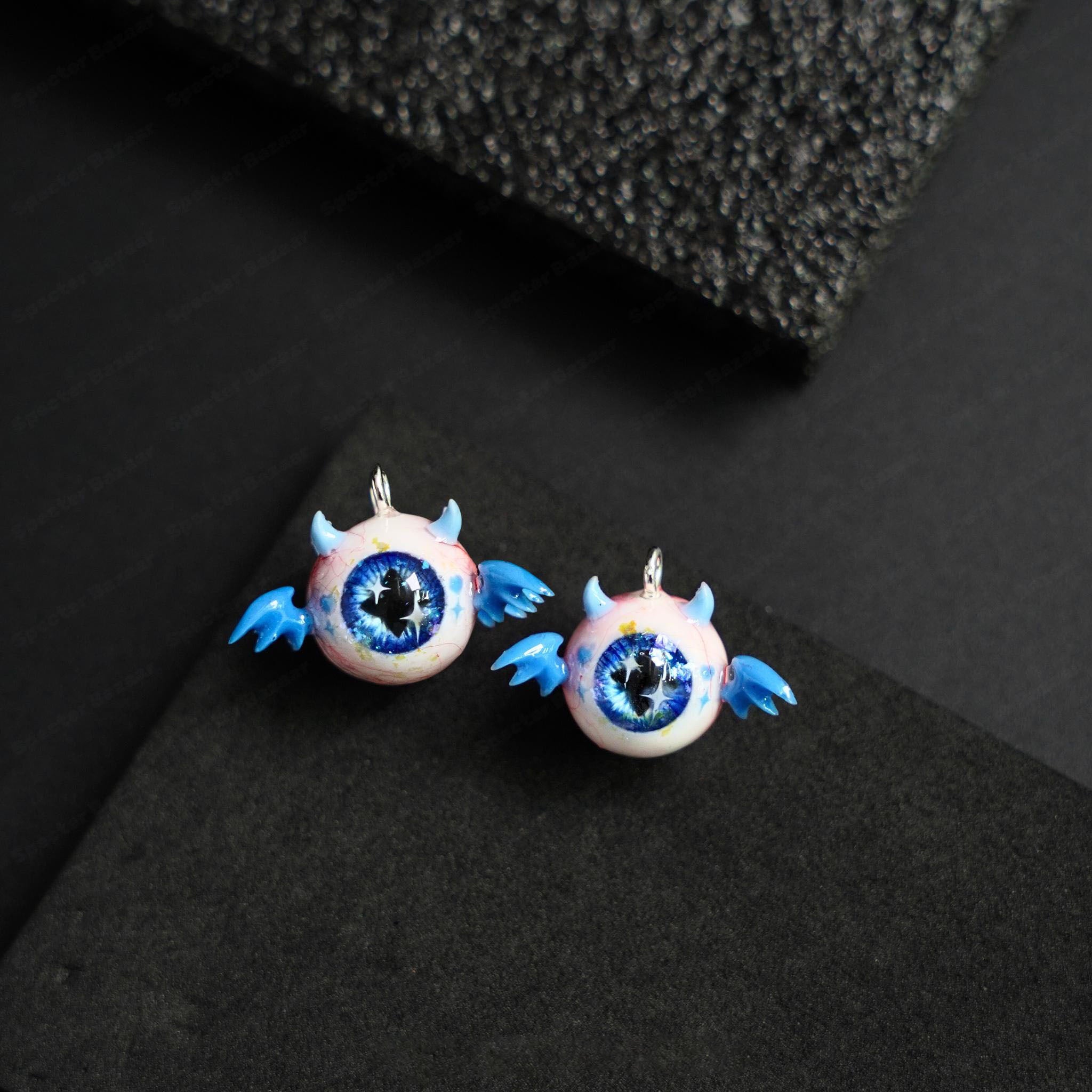 Pair of Little Devil Winged Eyeball Earrings | Handmade Cthulhu Series | Spooky-Cute Gothic Resin Jewelry