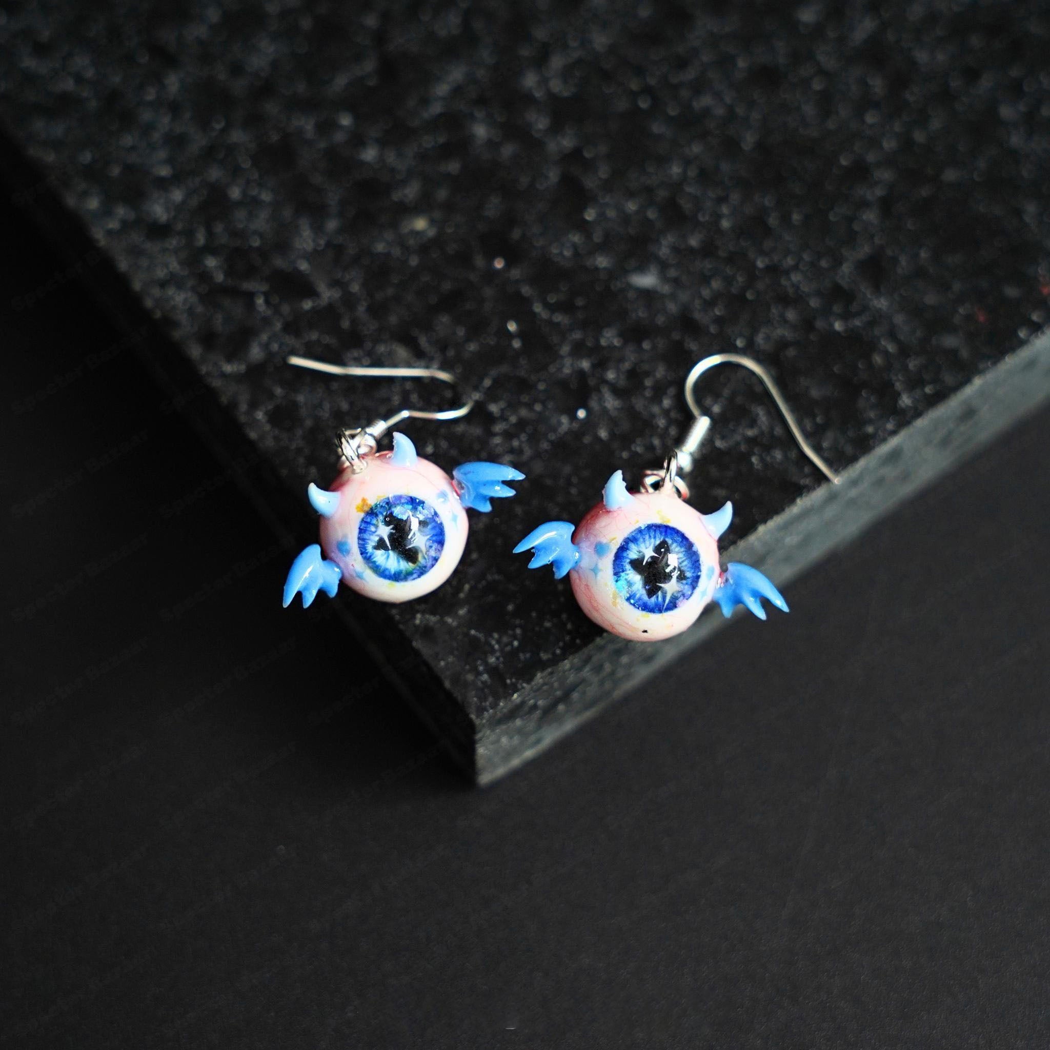 Pair of Little Devil Winged Eyeball Earrings | Handmade Cthulhu Series | Spooky-Cute Gothic Resin Jewelry