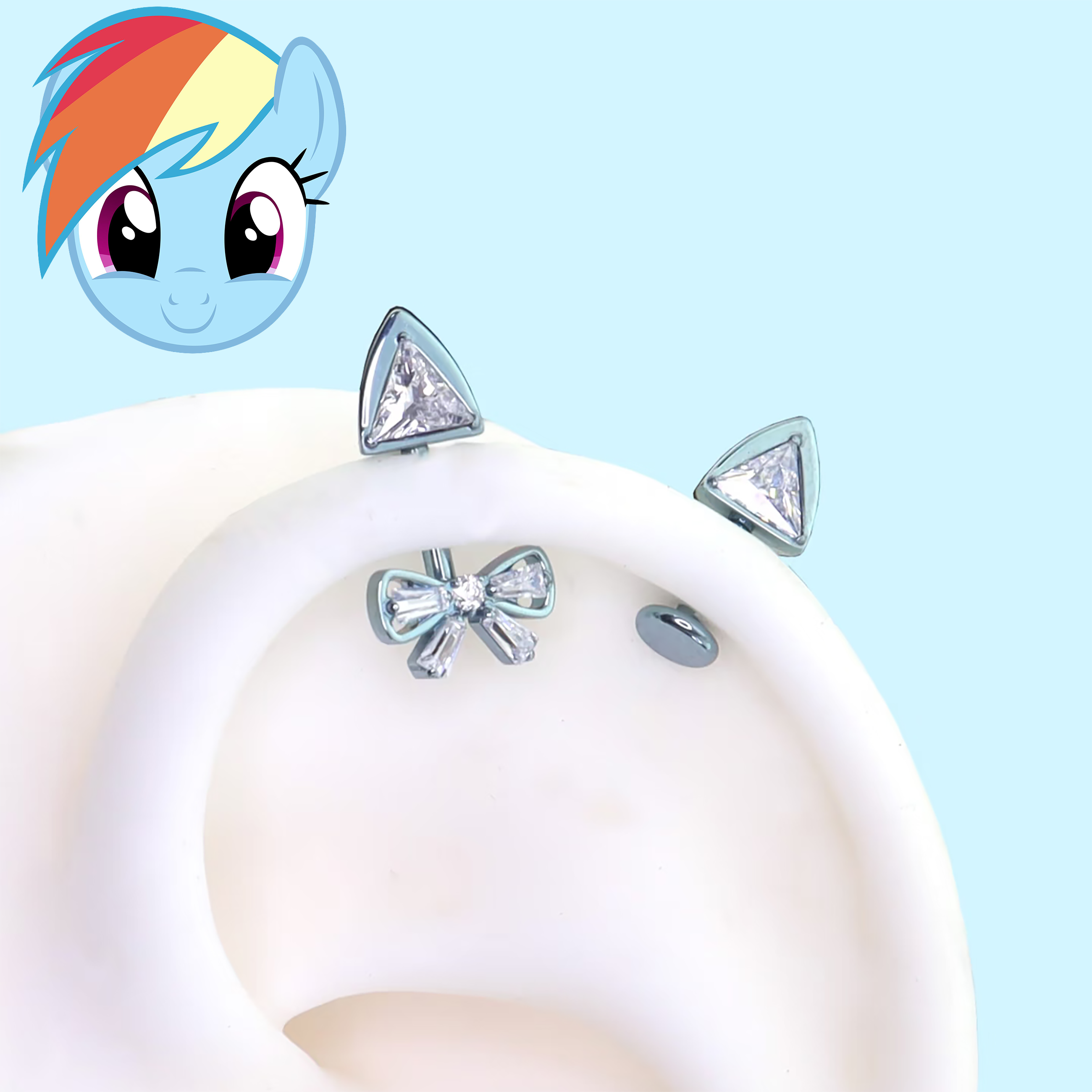Carousel Boutique Crystal Bow & Triangle CZ Piercing Set |Rainbow Dash Titanium Rook & Labret Earrings