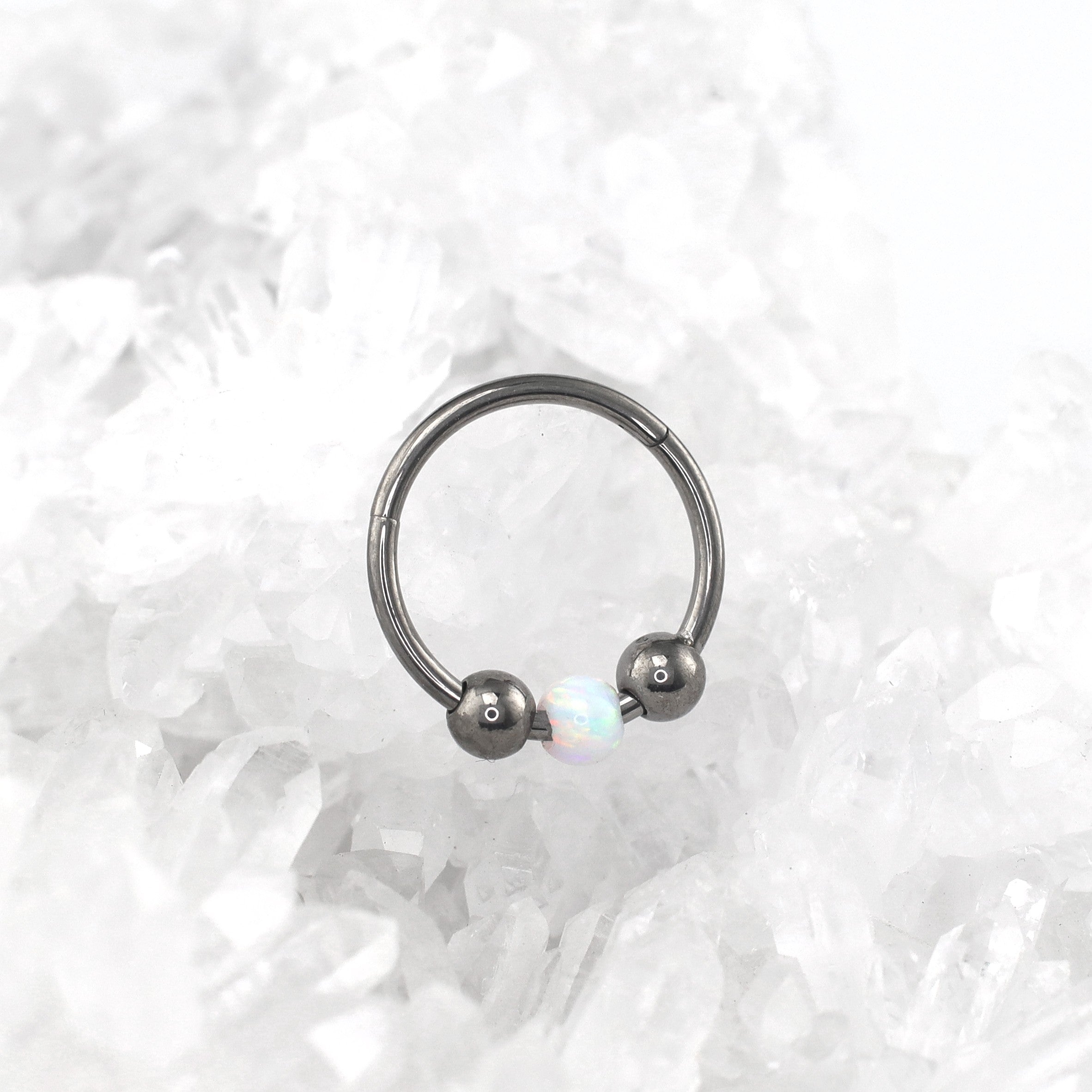 Spinning Ball Opal Titanium Segment Hoop - Spinning Ball Opal Titanium Segment Hoop - Pearl White by CRUXJEWELRY