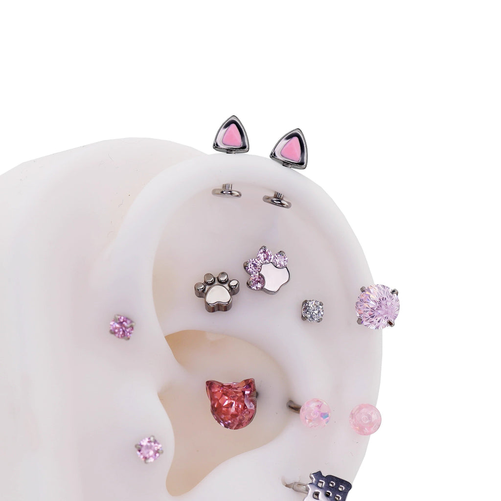 Paws & Purrs - Blue and Pink Cat Ear Stainless Steel Internally Threaded Helix Studs - Paws & Purrs - Blue and Pink Cat Ear Stainless Steel Internally Threaded Helix Studs - Blue / Single / 6mm by CRUXJEWELRY