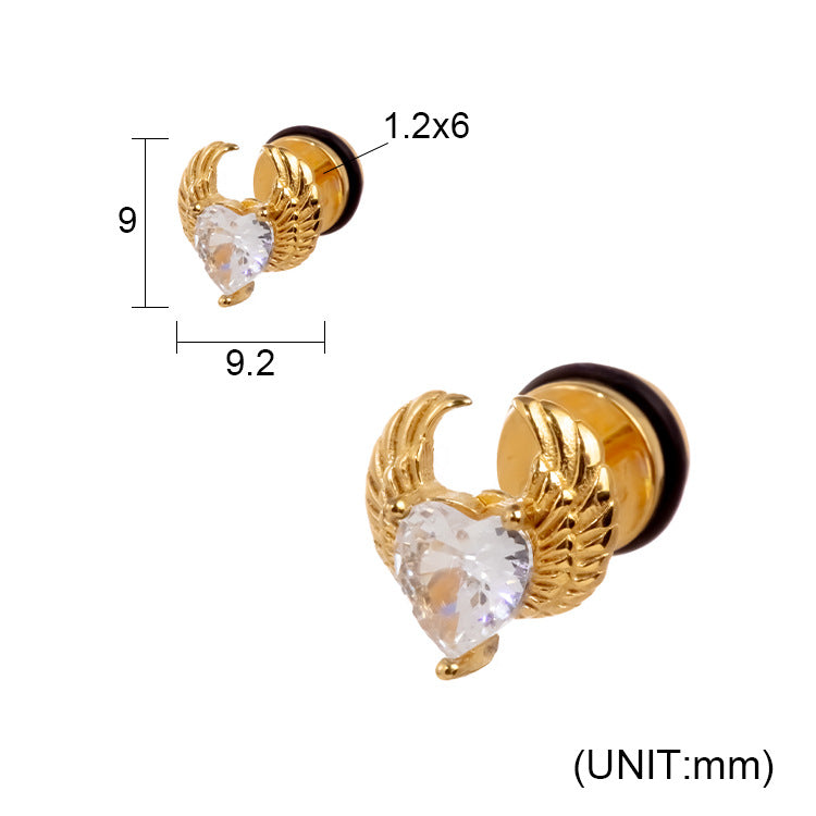 Paire de boucles d'oreilles en acier inoxydable avec pendentifs en forme d'aile et zircon cubique en forme de cœur 