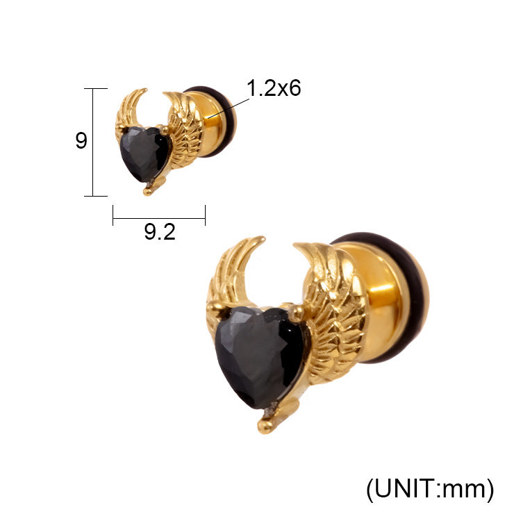 Paire de boucles d'oreilles en acier inoxydable avec pendentifs en forme d'aile et zircon cubique en forme de cœur 