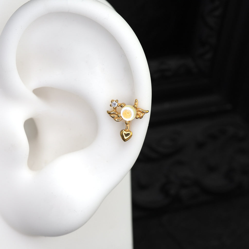 Boucle d'oreille en acier inoxydable avec aile en opale en forme de cœur 