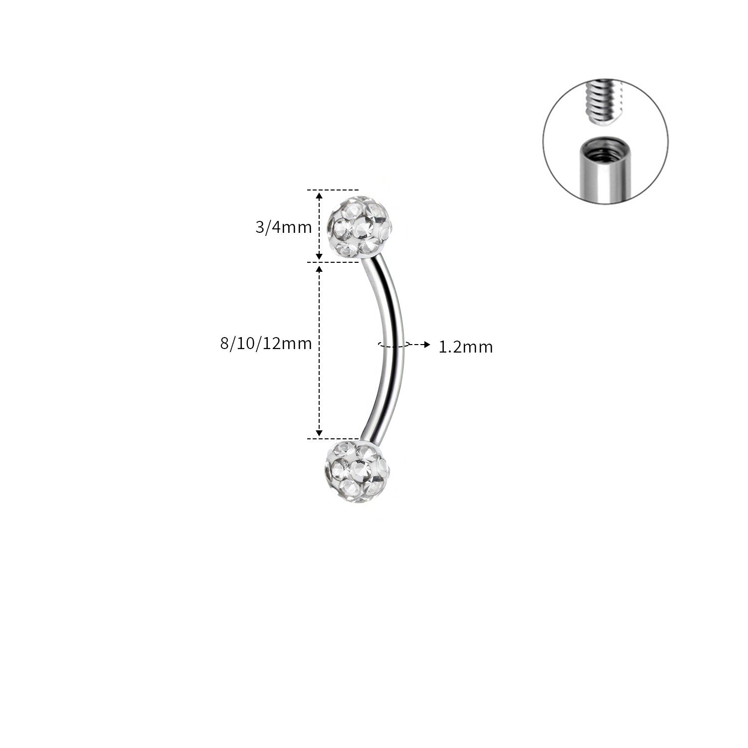 16G Vollzirkus-Augenbrauenstecker aus Edelstahl mit Außengewinde, Außengewinde 