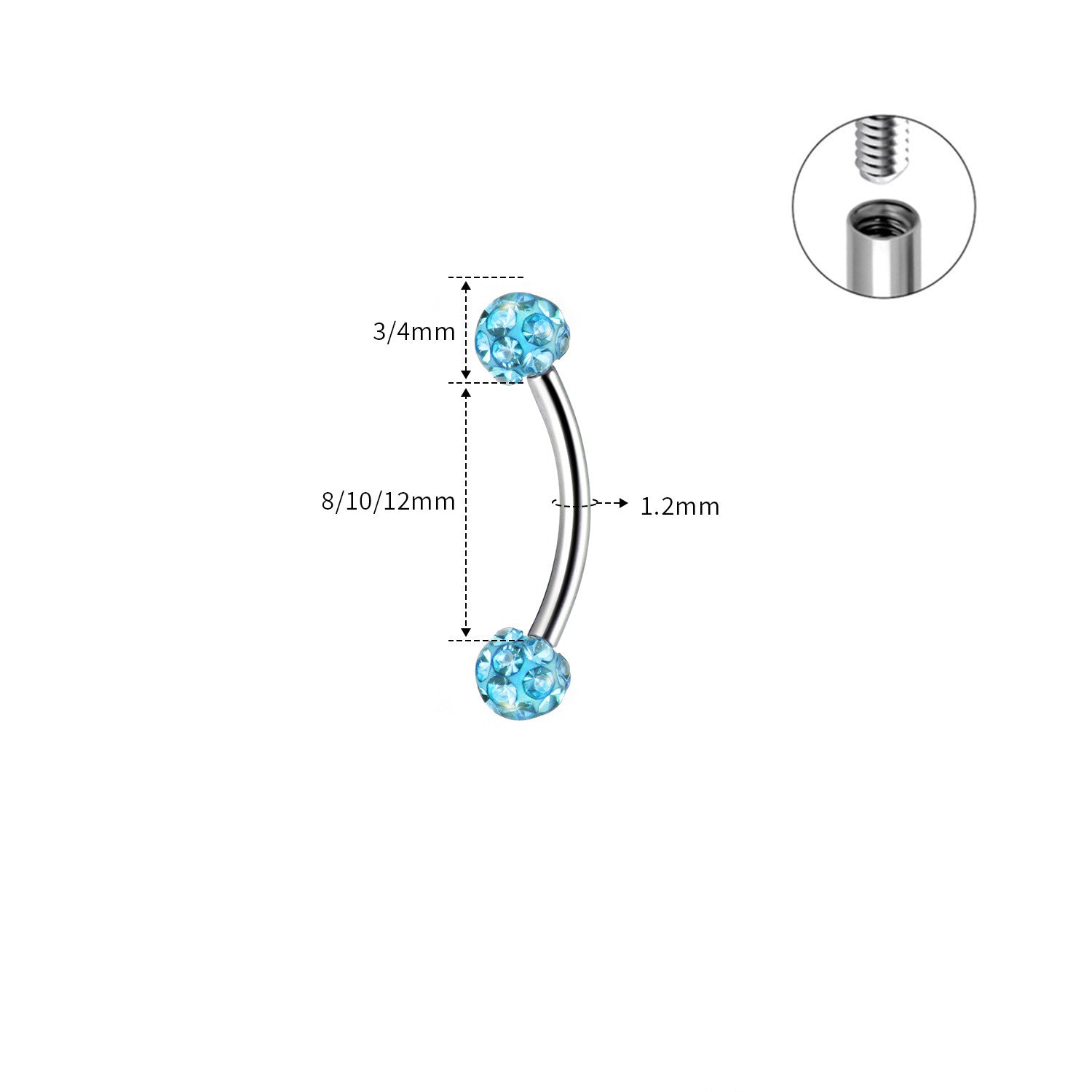 16G Vollzirkus-Augenbrauenstecker aus Edelstahl mit Außengewinde, Außengewinde 