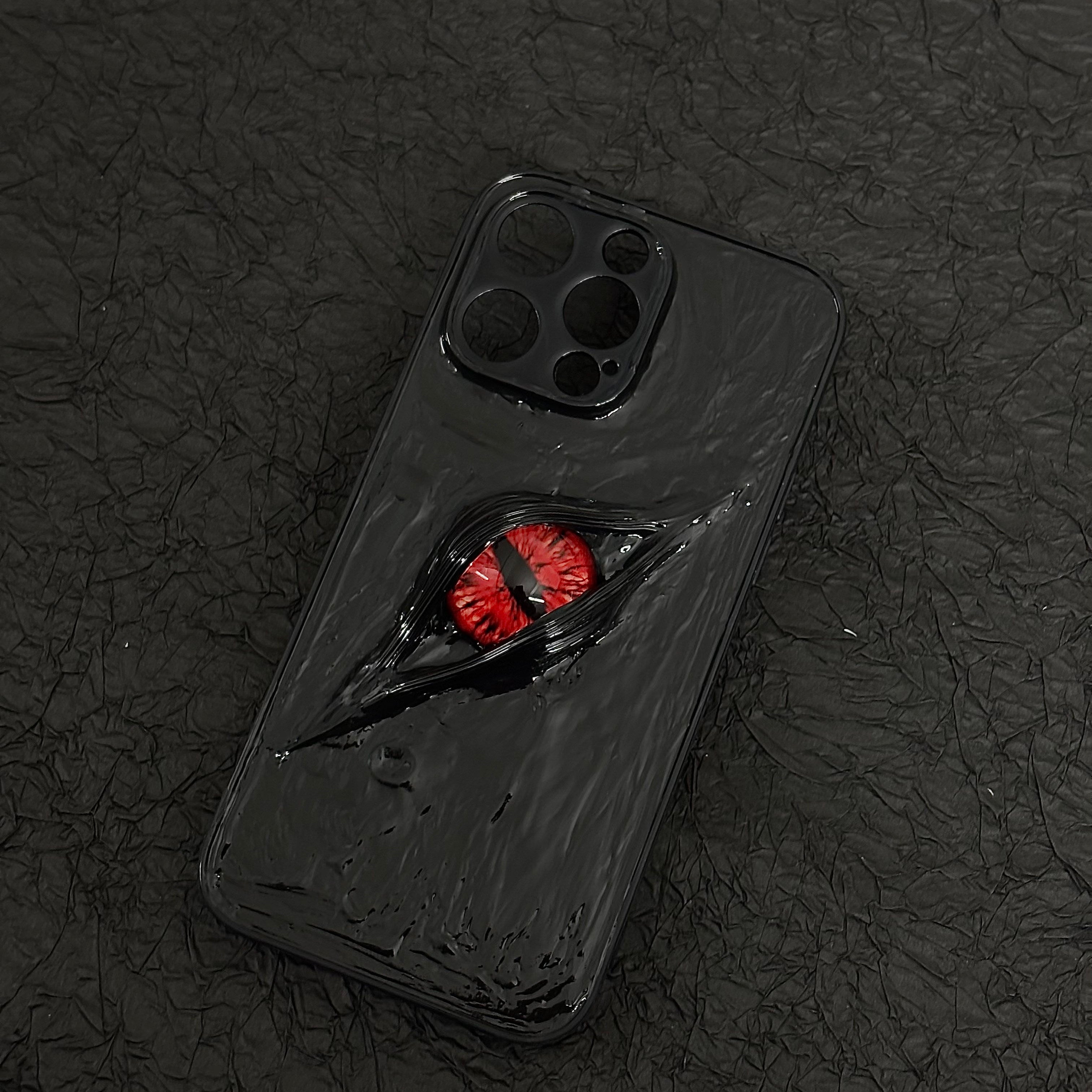"Dark Awakening" Single Dragon Eye 3D Phone Case | Handmade Black Texture Demon Cover