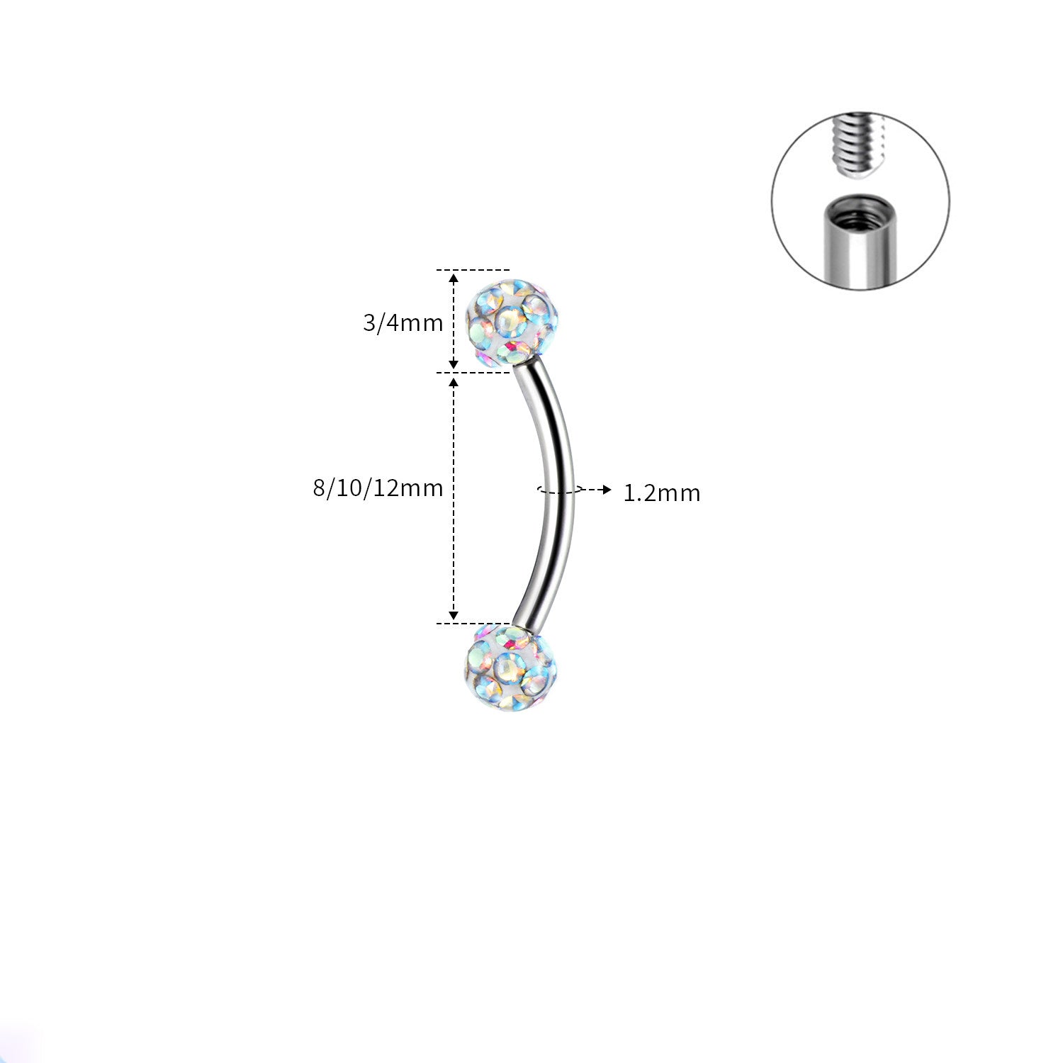 16G Vollzirkus-Augenbrauenstecker aus Edelstahl mit Außengewinde, Außengewinde 