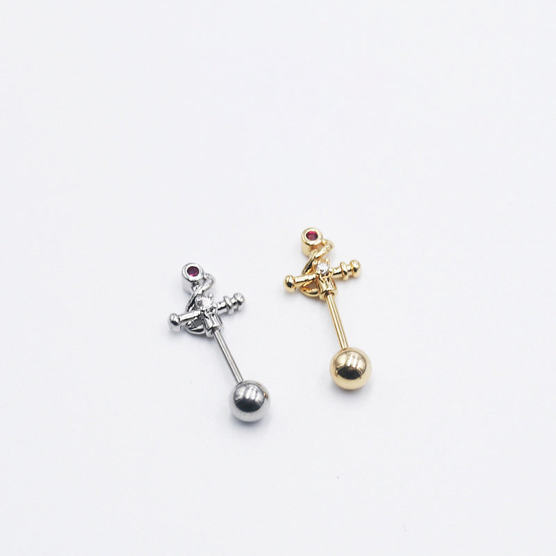 Zauberstab-Ohrstecker mit Zirkonia-Kreuz-Helix 