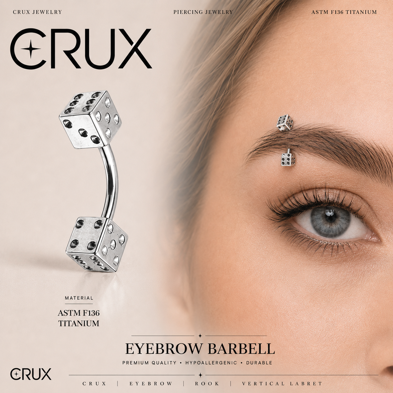 Dice Externally Threaded Stainless Steel Eyebrow Studs