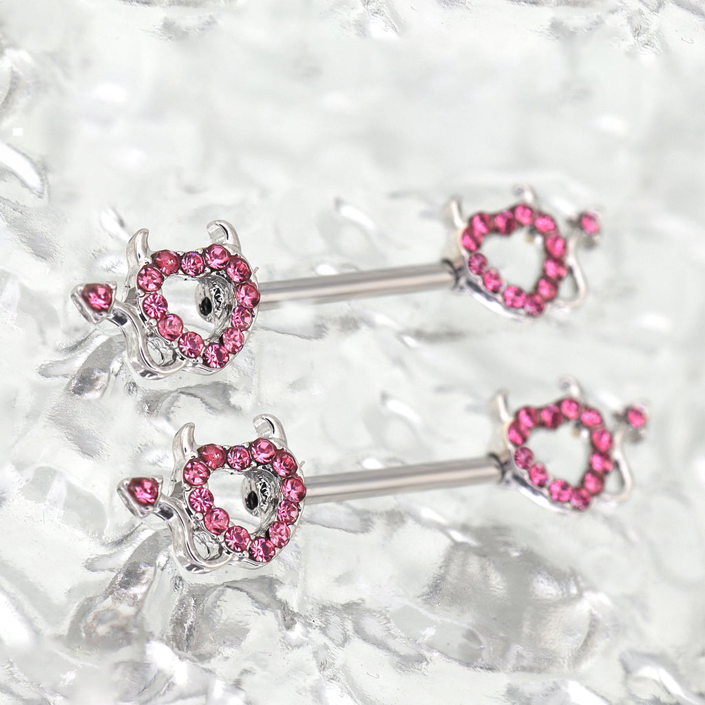 Hot Pink CZ Openwork Demon Heart Stainless Steel Nipple Rings - Hot Pink CZ Openwork Demon Heart Stainless Steel Nipple Rings - Single by CRUXJEWELRY
