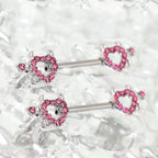 Hot Pink CZ Openwork Demon Heart Stainless Steel Nipple Rings - Hot Pink CZ Openwork Demon Heart Stainless Steel Nipple Rings - Single by CRUXJEWELRY