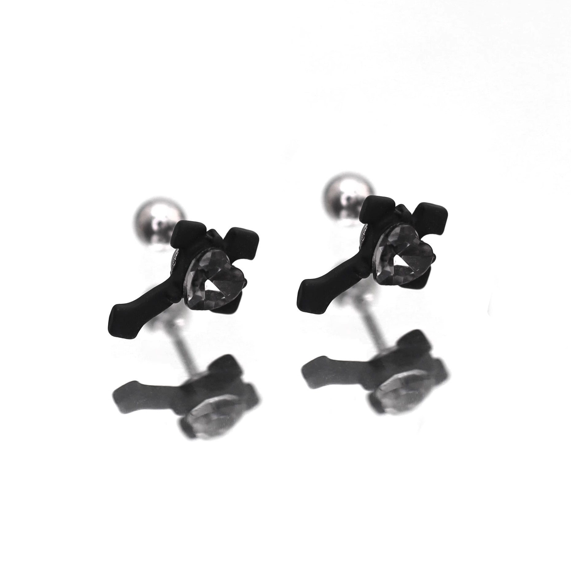 PAIR OF Heart CZ Cross stainless steel Ear Studs - PAIR OF Heart CZ Cross stainless steel Ear Studs - Pair of Black / 0.8mm/20G by CRUXJEWELRY