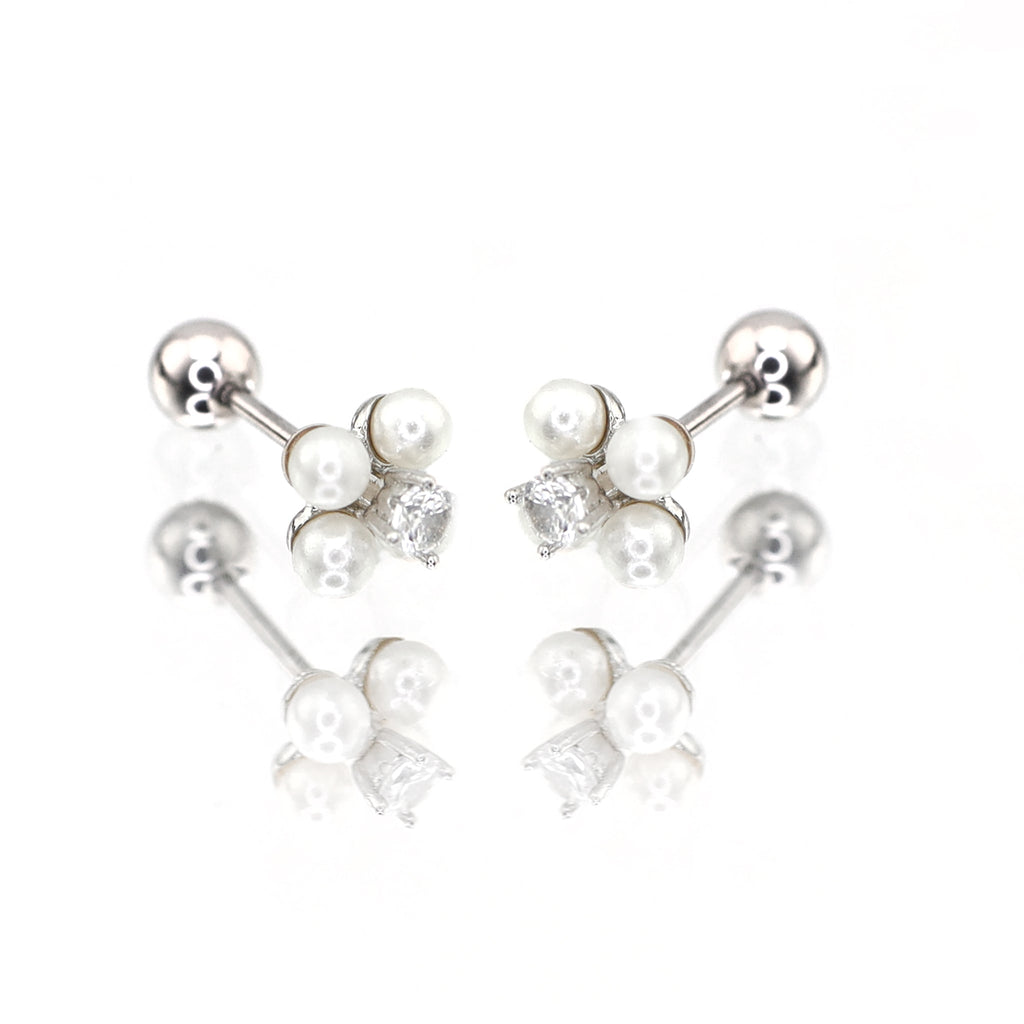 Pearl & Four Leaf Clover white-gold-plated copper Ear Studs - Pearl & Four Leaf Clover white-gold-plated copper Ear Studs - Set by CRUXJEWELRY