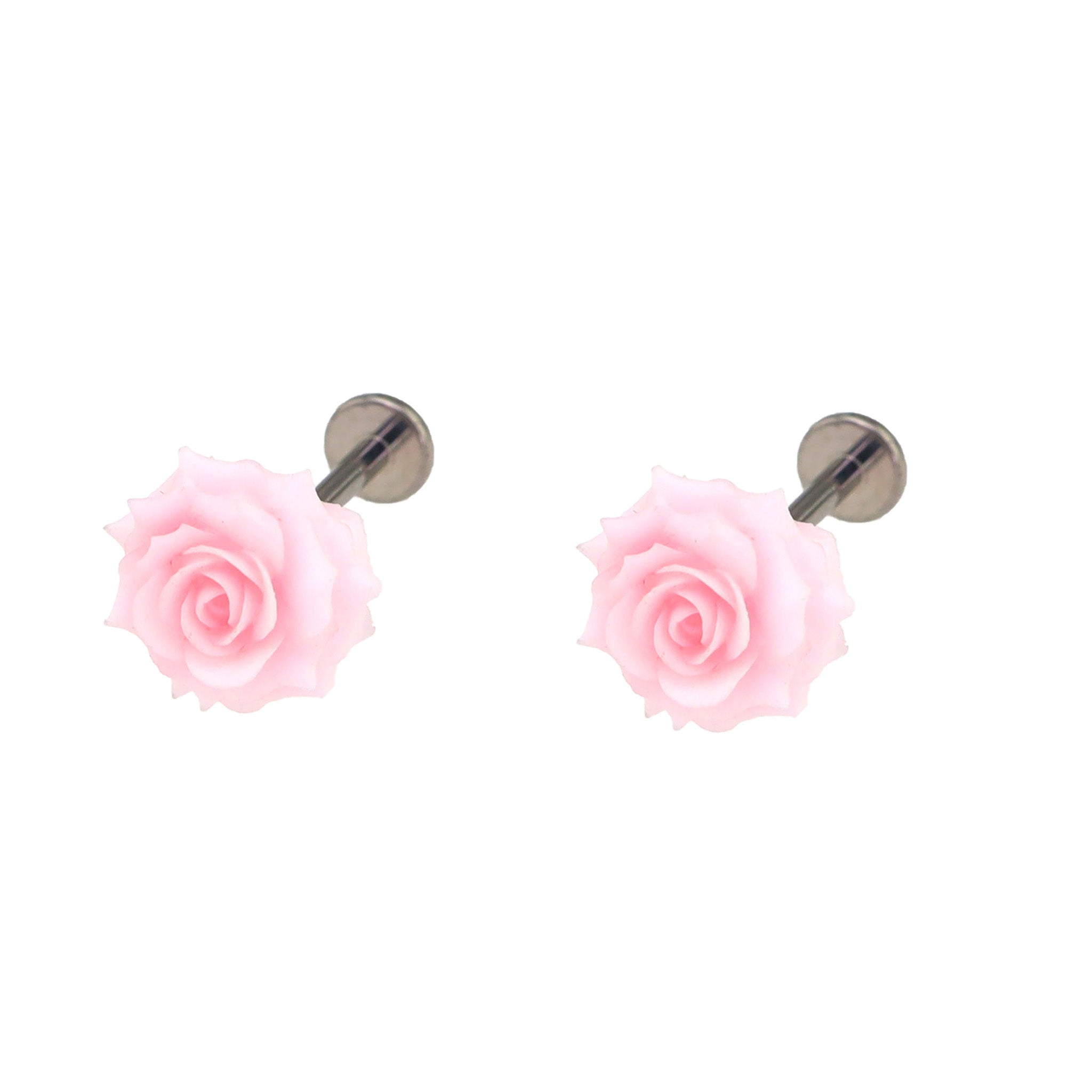 3D Pink Resin Rose Titanium Studs - 3D Pink Resin Rose Titanium Studs - 6mm by CRUXJEWELRY