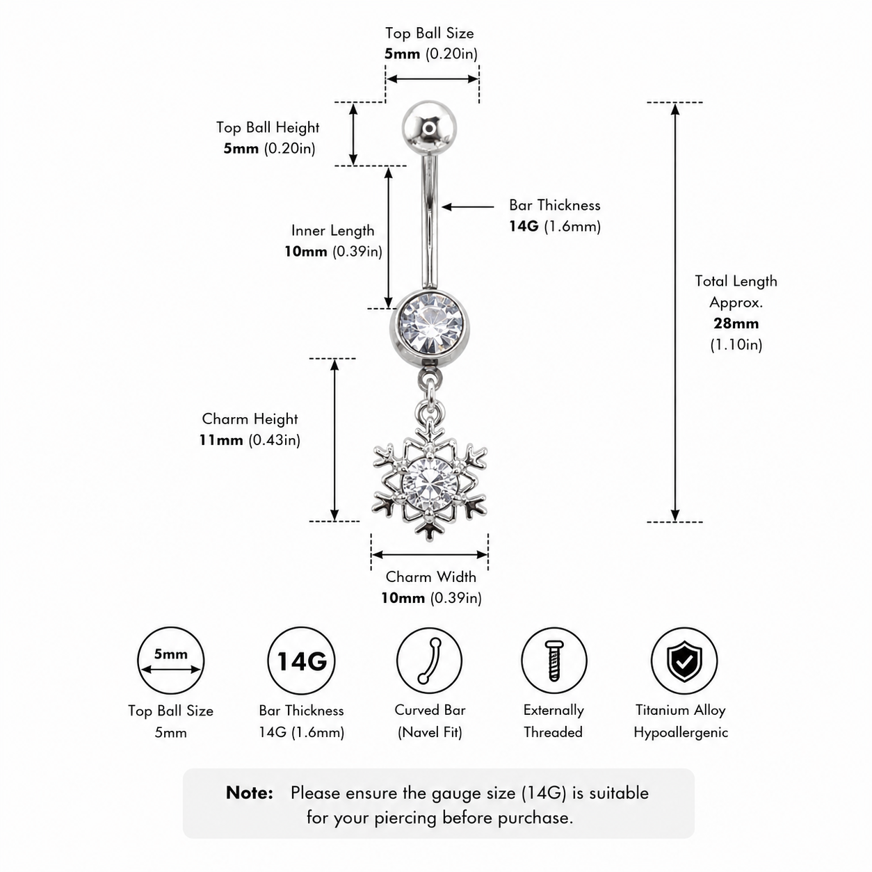Snowflake CZ Dangle Titanium Belly Ring