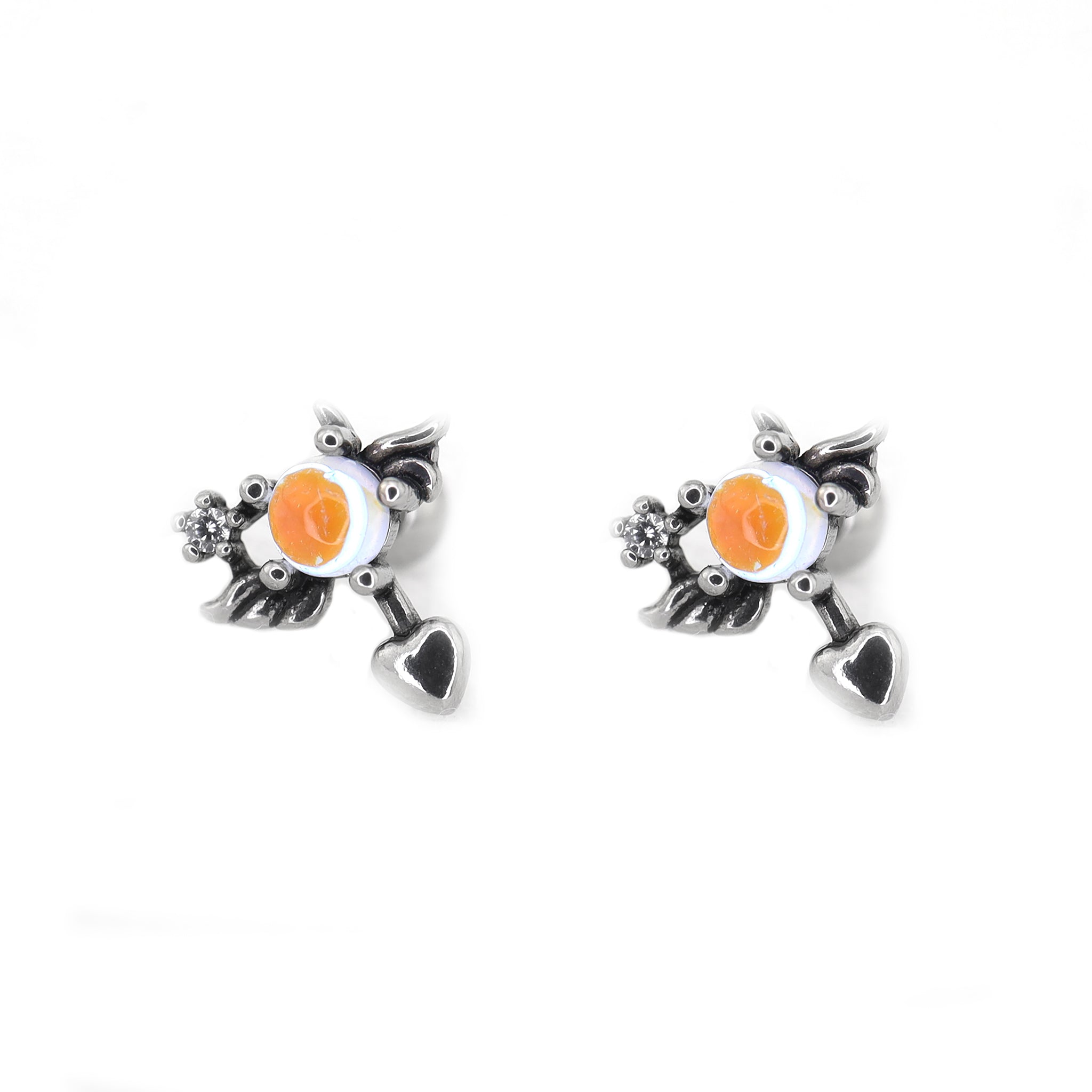 Heart Opal Wing stainless steel Ear Stud - Heart Opal Wing stainless steel Ear Stud - Set / silver-1 by CRUXJEWELRY