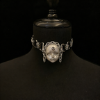 Silver Metallic "Third Eye" Crying Doll Face Choker - Black Leather & Gothic Cross Studs