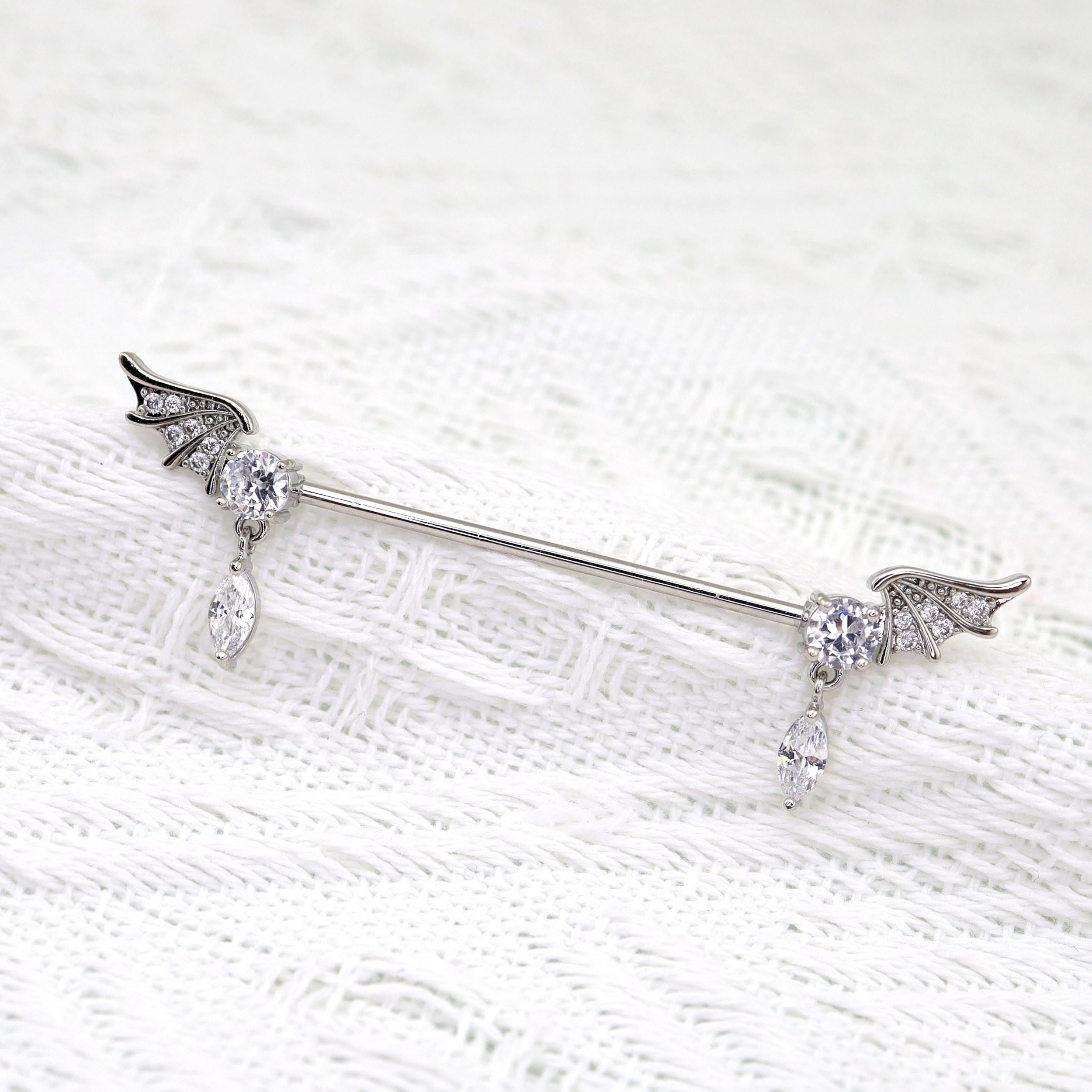 Bat Wing Crystal titanium industrial barbell, detail view 3