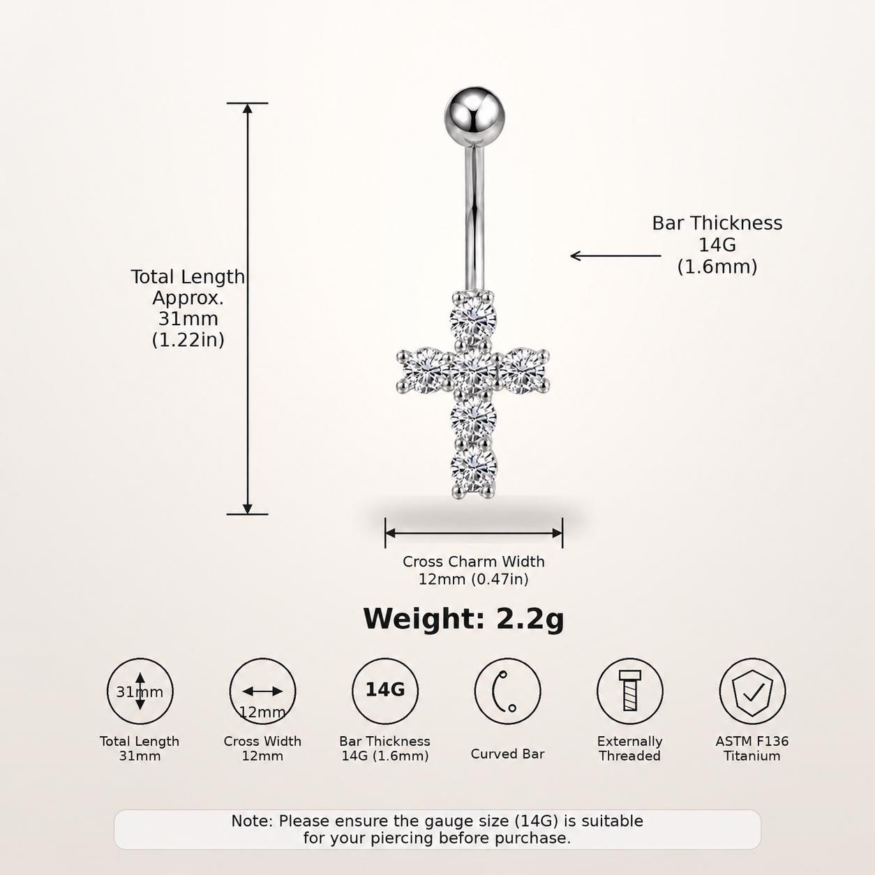 CZ Cross Titanium Belly Ring detail 9