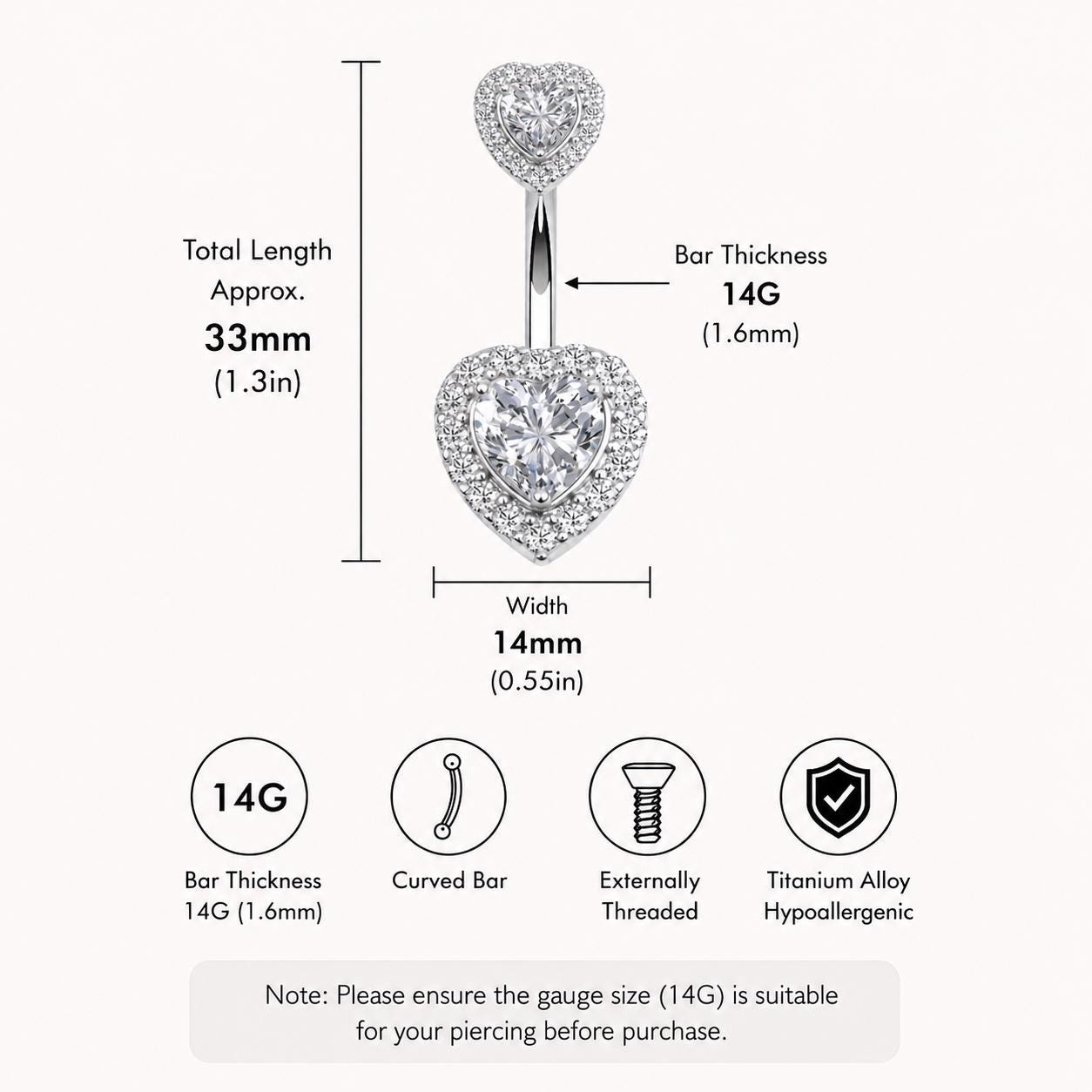Double Heart CZ Titanium Belly Ring detail 8