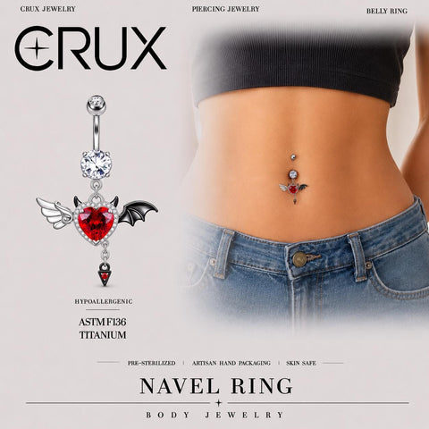 Piercing de nombril cœur ailé en zircon rouge