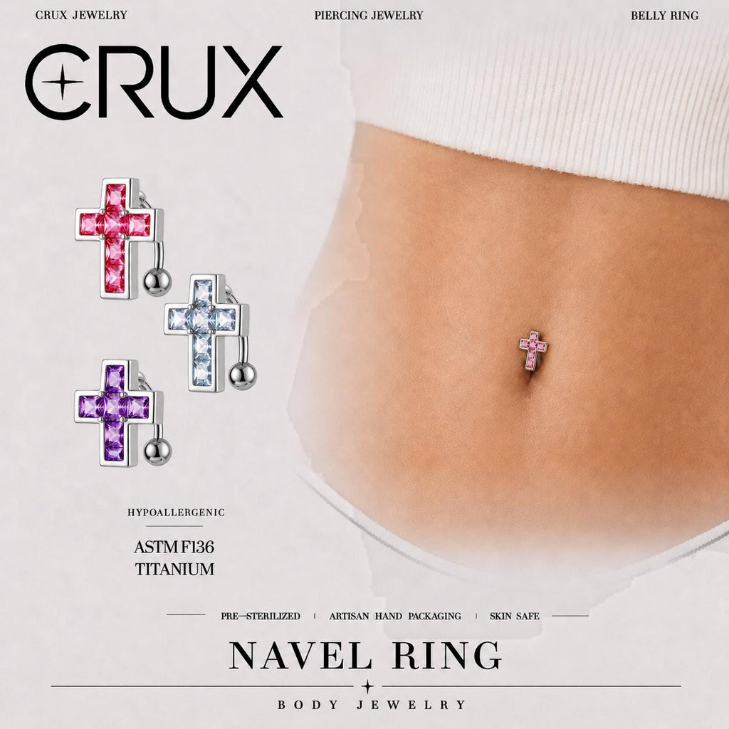 Square CZ Cross Titanium Belly Ring