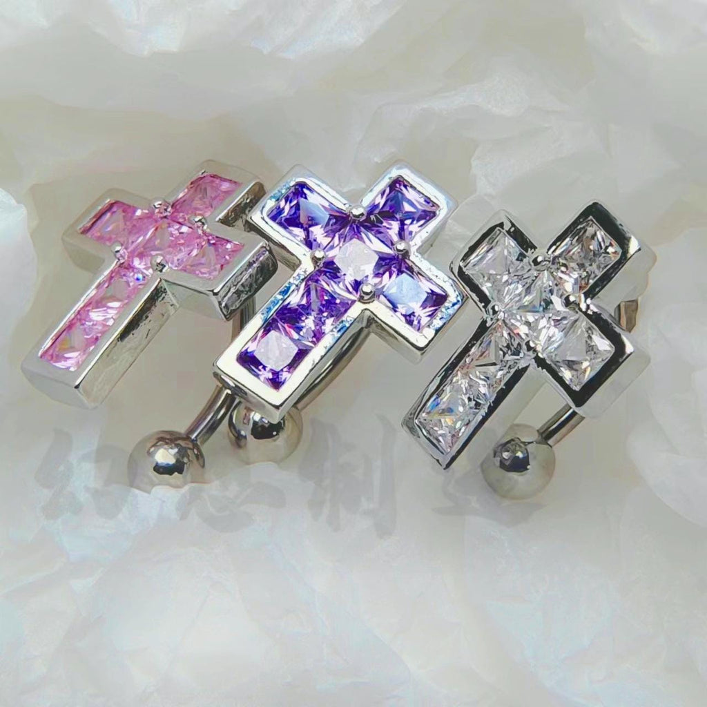 Square CZ Cross Titanium Belly Ring detail 3