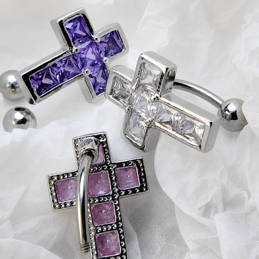 Square CZ Cross Titanium Belly Ring detail 4