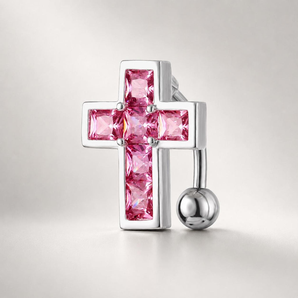 Square CZ Cross Titanium Belly Ring detail 9