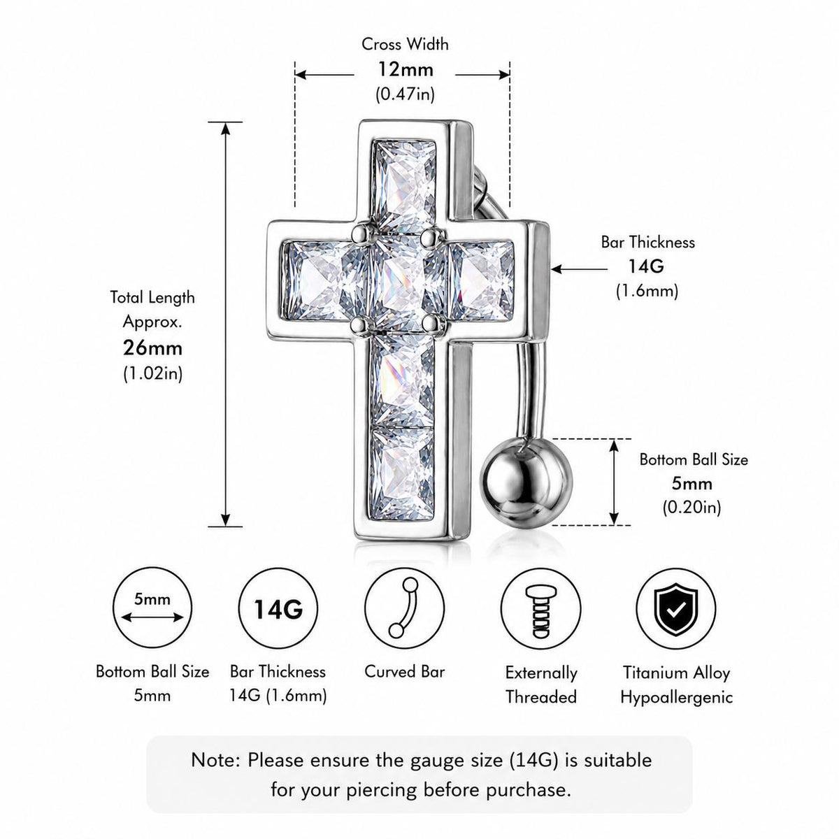 Square CZ Cross Titanium Belly Ring detail 11