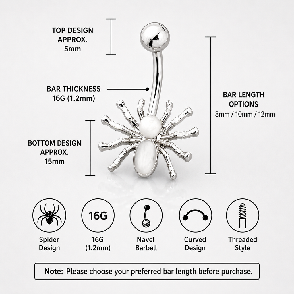 Bauchnabelpiercing aus Edelstahl mit Spinnenmotiv und Zirkonia 