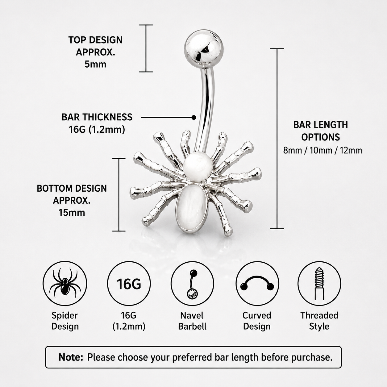 Bauchnabelpiercing aus Edelstahl mit Spinnenmotiv und Zirkonia 