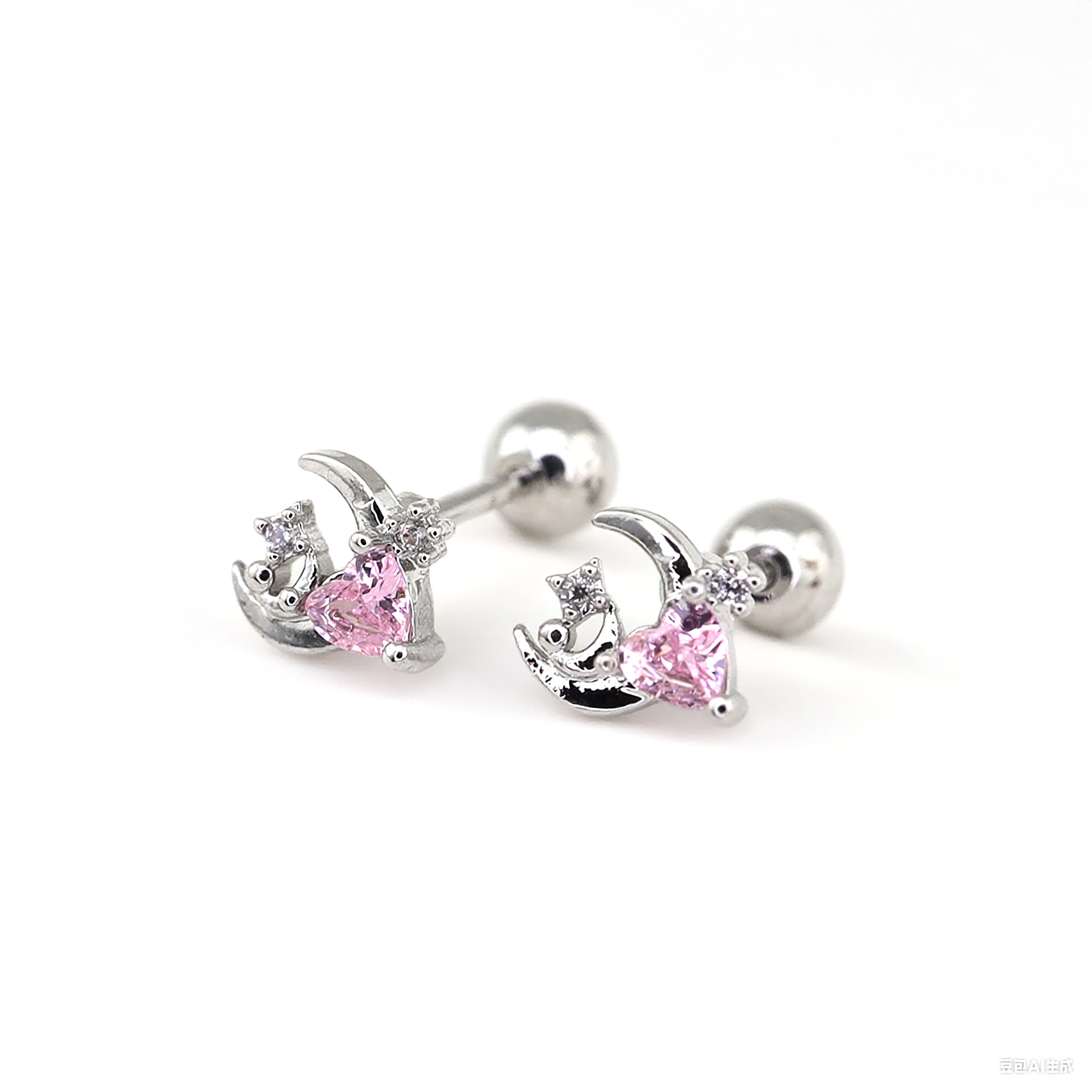PAIR OF 20G Thin Star Moon Heart CZ Ear Studs - PAIR OF 20G Thin Star Moon Heart CZ Ear Studs - Pink by CRUXJEWELRY
