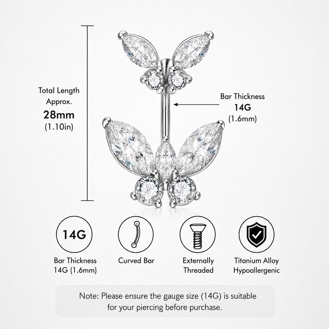 Anneau de nombril papillon en argent sterling S925 avec zircone cubique 