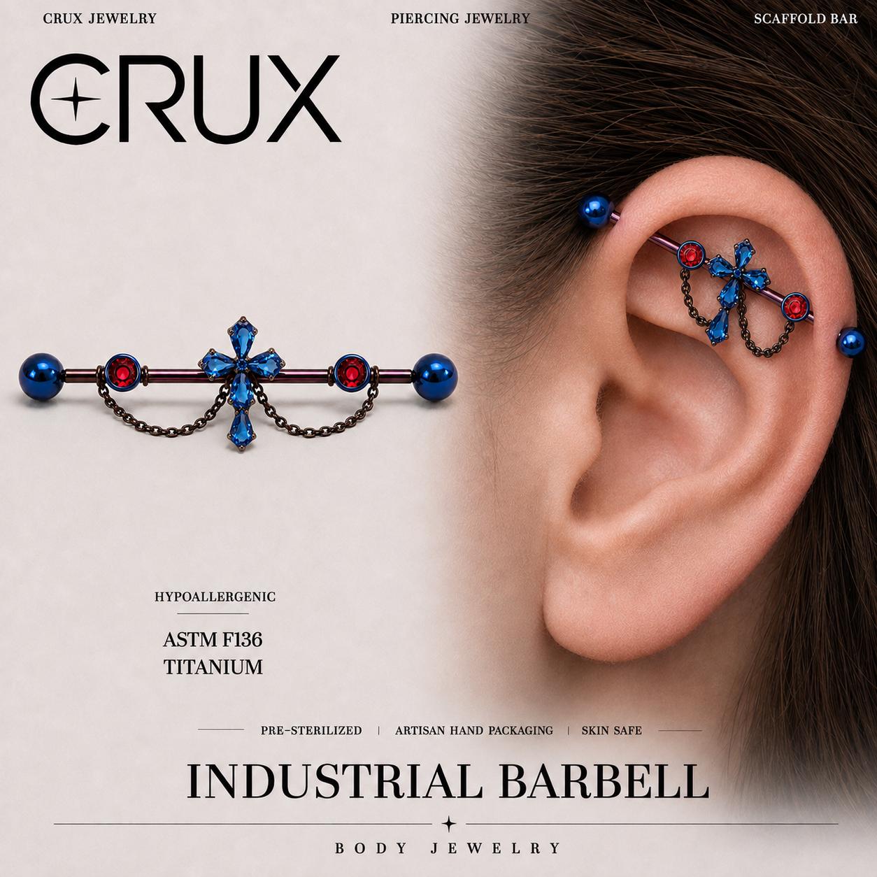 Cathedral Cross Chain titanium industrial barbell, front view