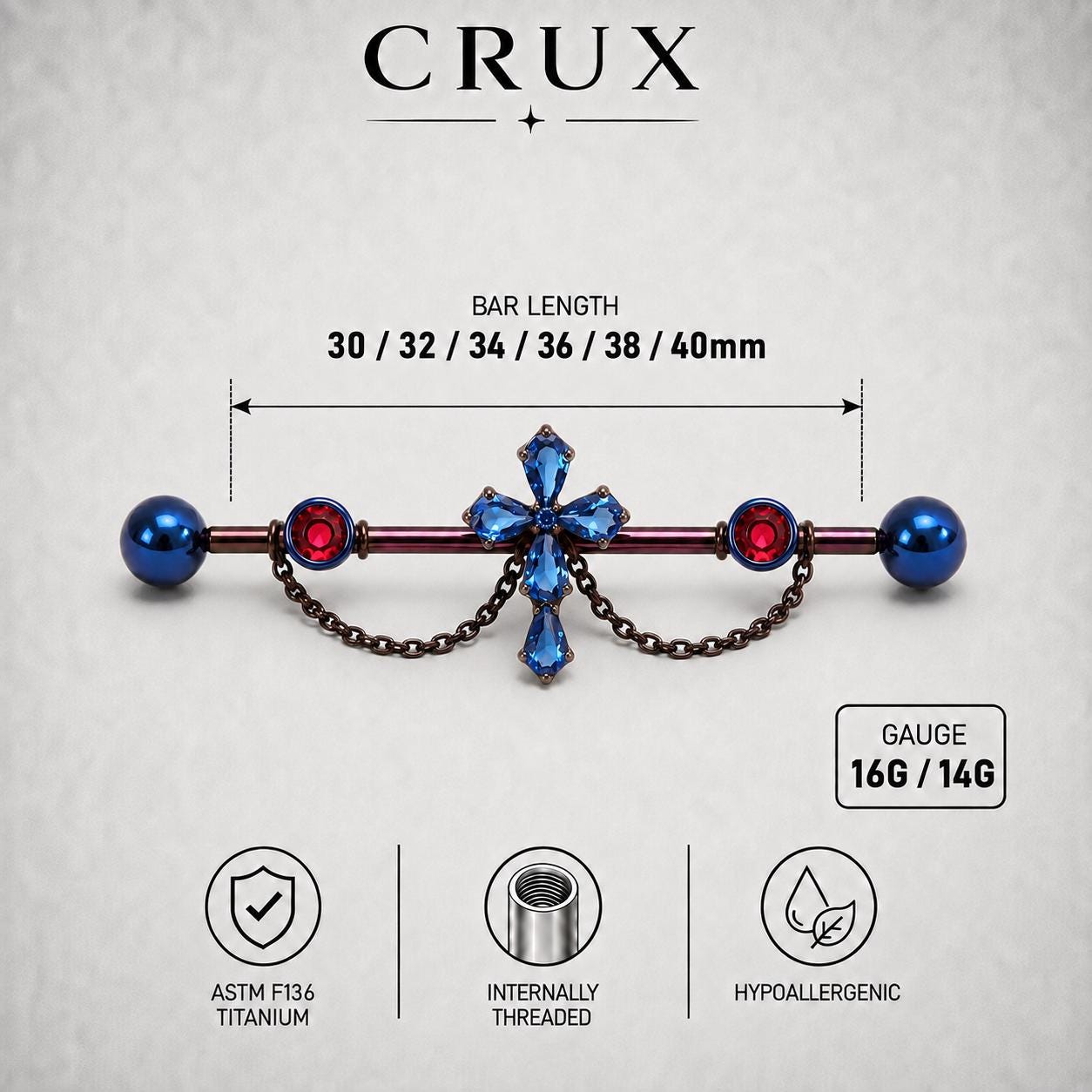 Cathedral Cross Chain titanium industrial barbell, detail view 5