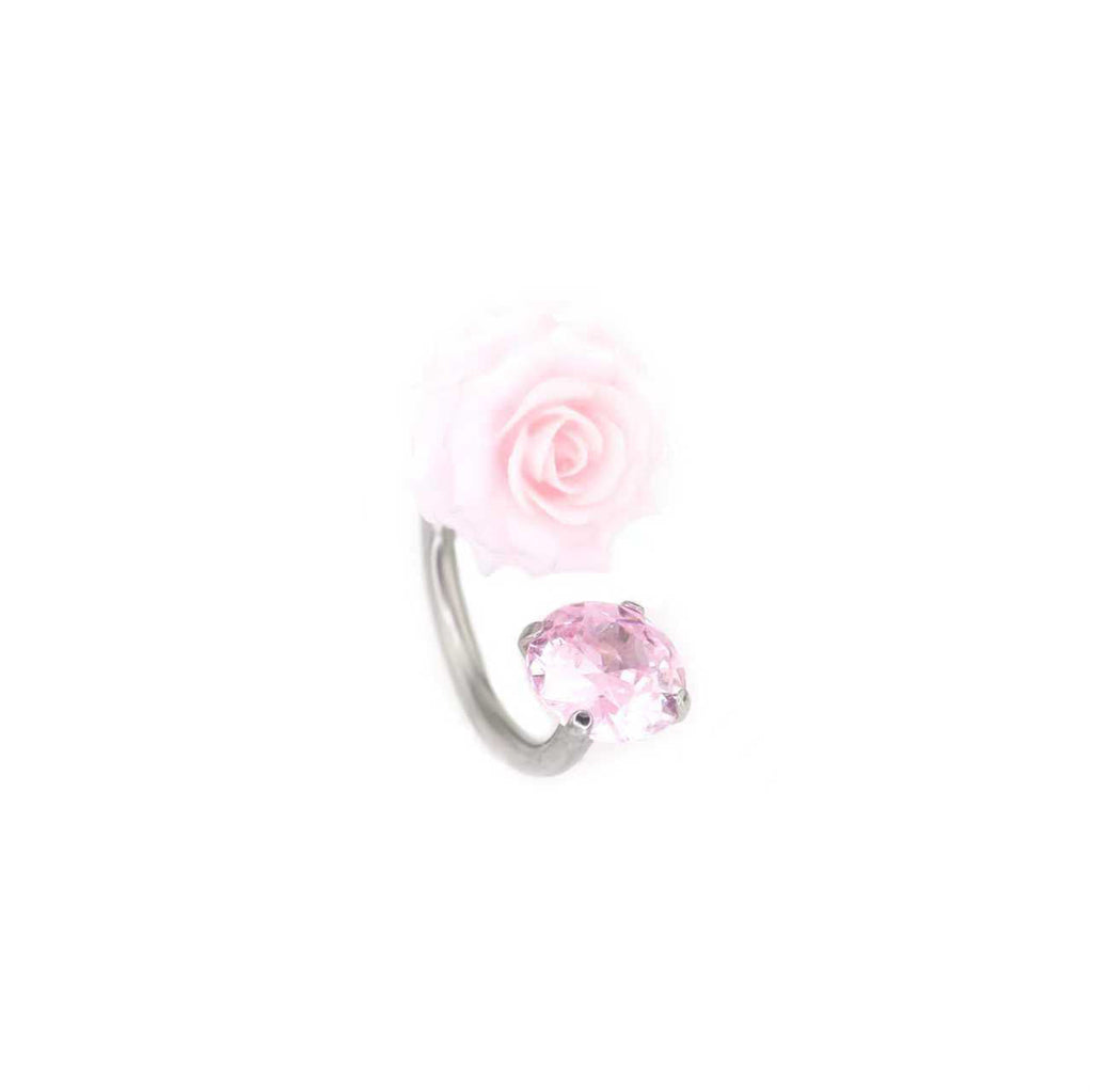 3D Pink Resin Rose & CZ Titanium Horseshoe Rings - 3D Pink Resin Rose & CZ Titanium Horseshoe Rings - 8mm by CRUXJEWELRY