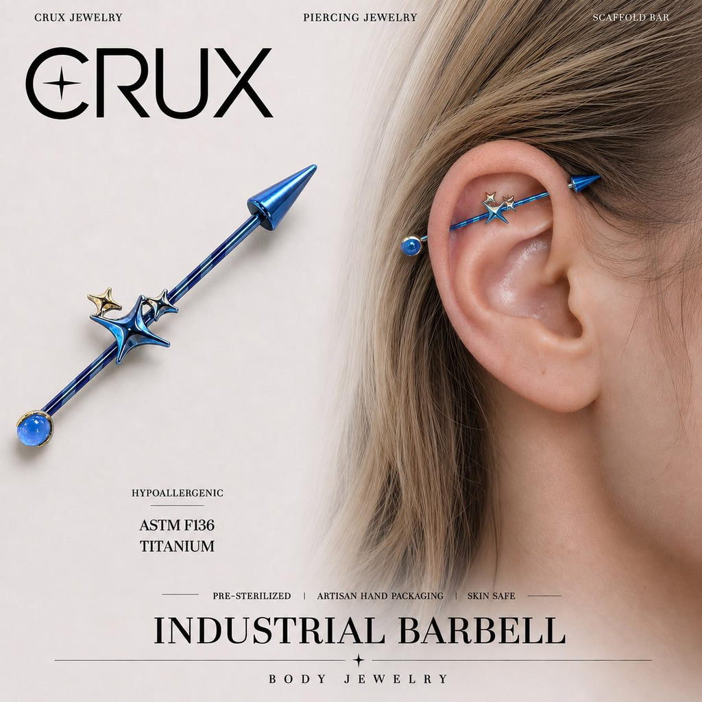 Celestial Arrow titanium industrial barbell, front view