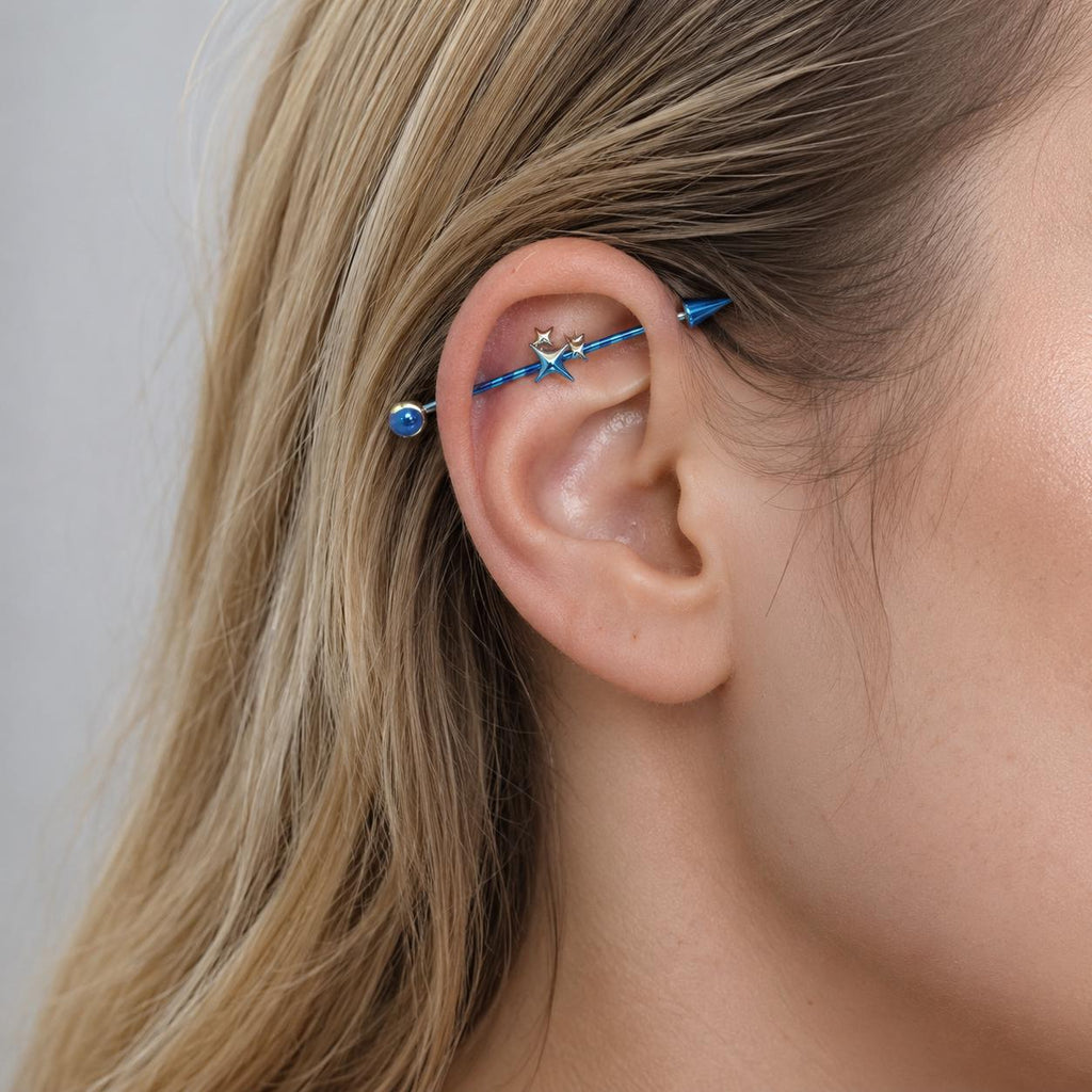 Celestial Arrow titanium industrial barbell, detail view 2