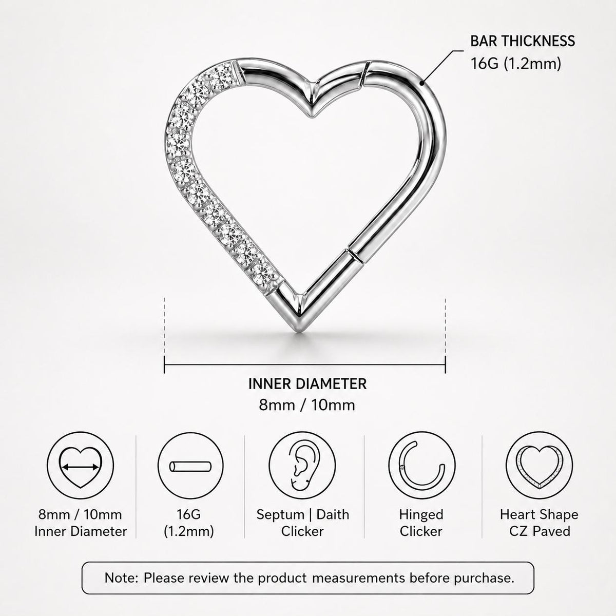 Titanium CZ Heart Septum Clicker detail 16