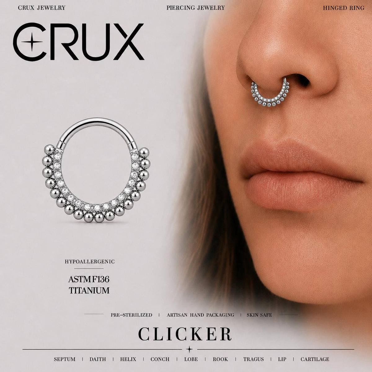 Titanium Beaded CZ Septum Clicker