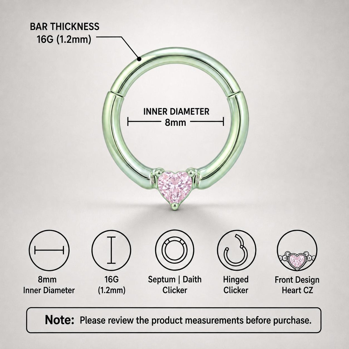 Titanium Sweetheart CZ Septum Clicker detail 10